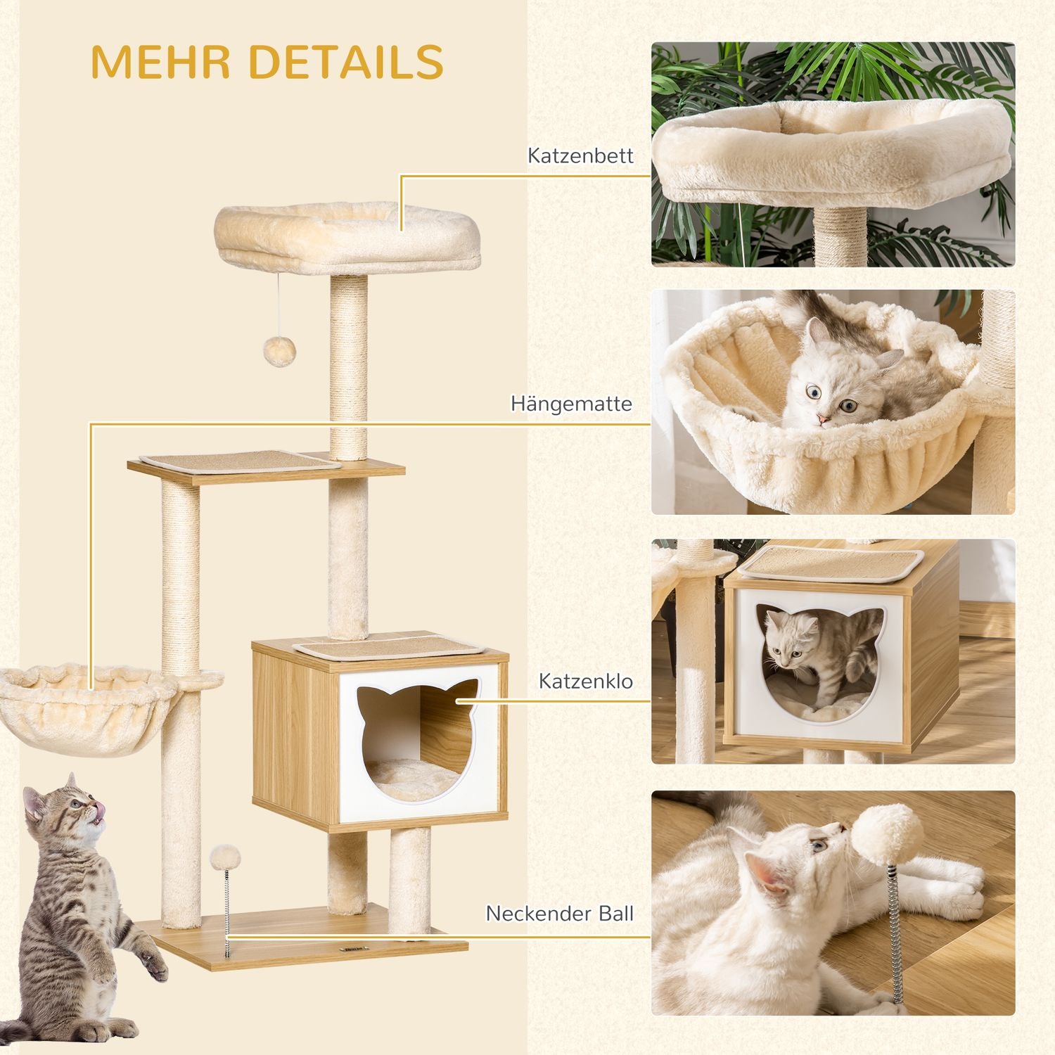 Beige kattträd med grotta och sisalstolpar, 126 Cm