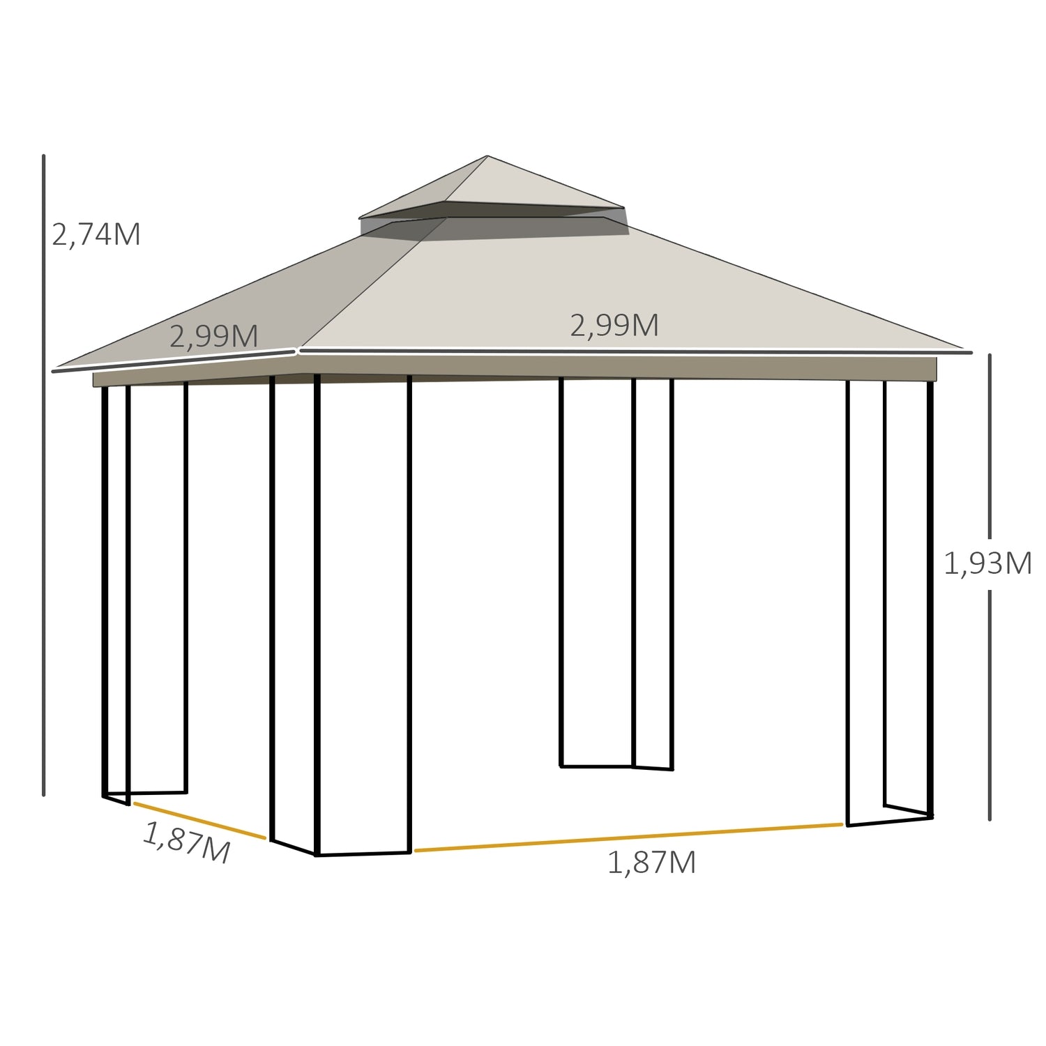 Beige metall & polyester trädgårdspaviljongtält, 3x3m med sidor