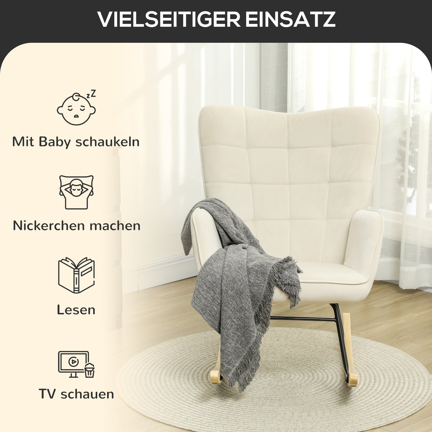 Beige sammets gungfåtölj med trälöpare