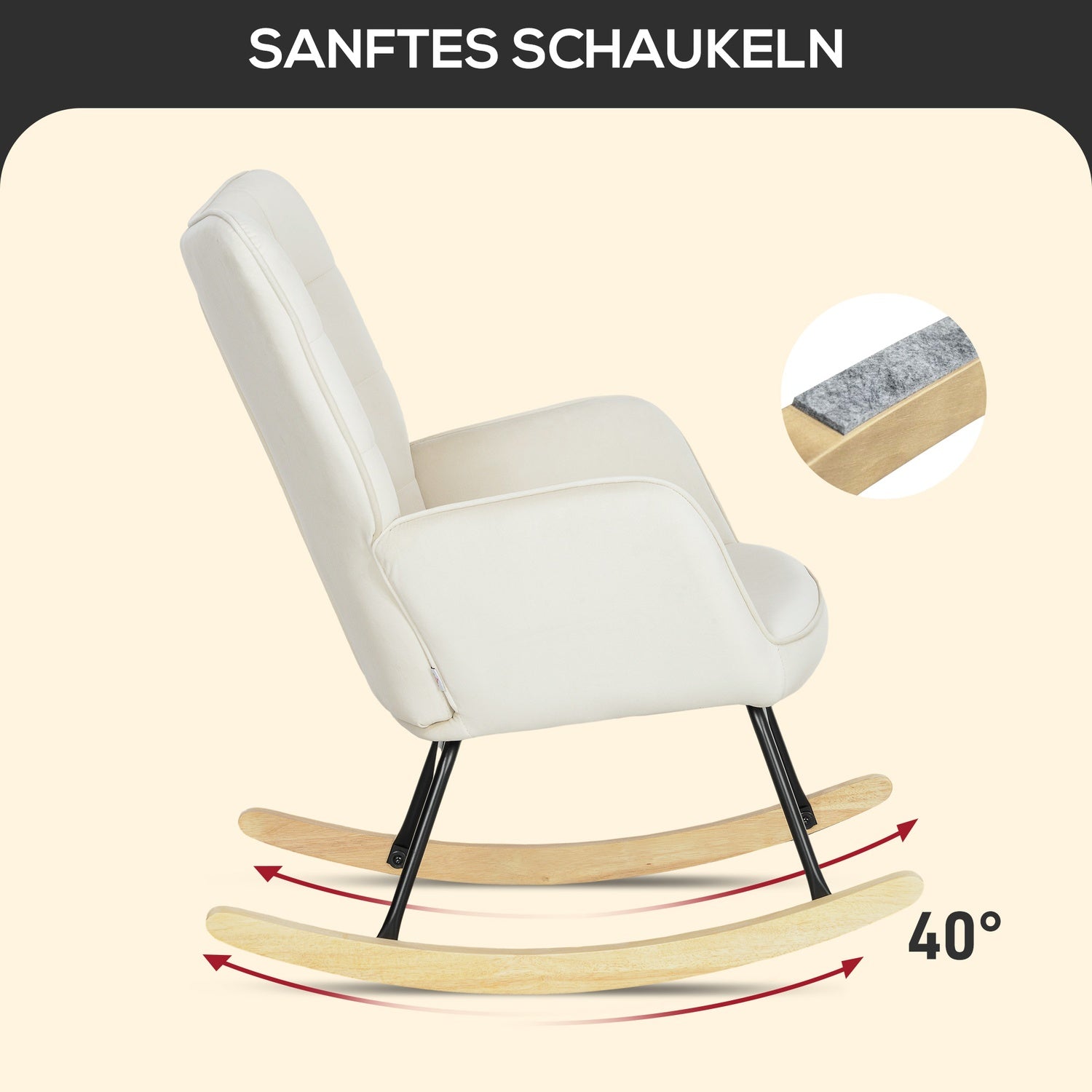 Beige sammets gungfåtölj med trälöpare