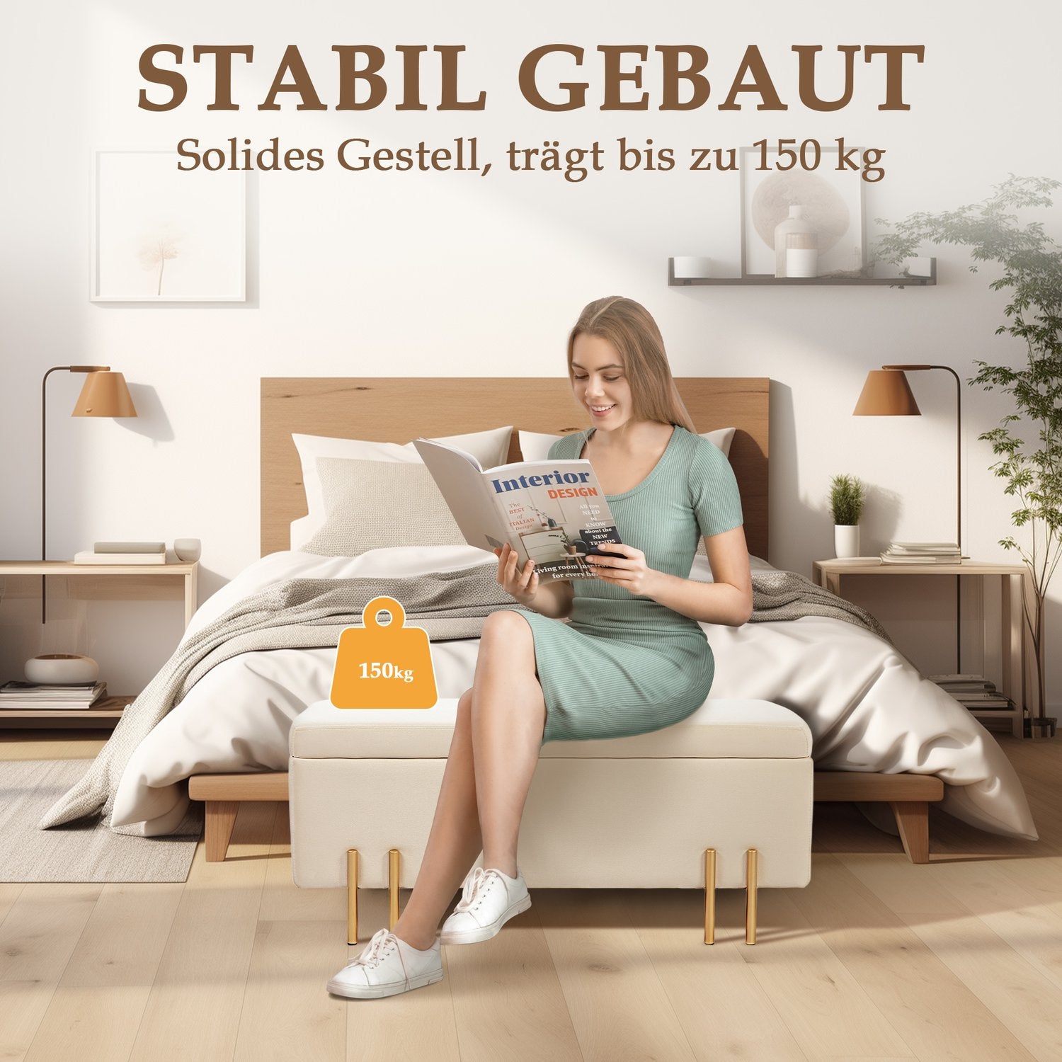 Beige sammetsklädd förvaringsbänk med träben