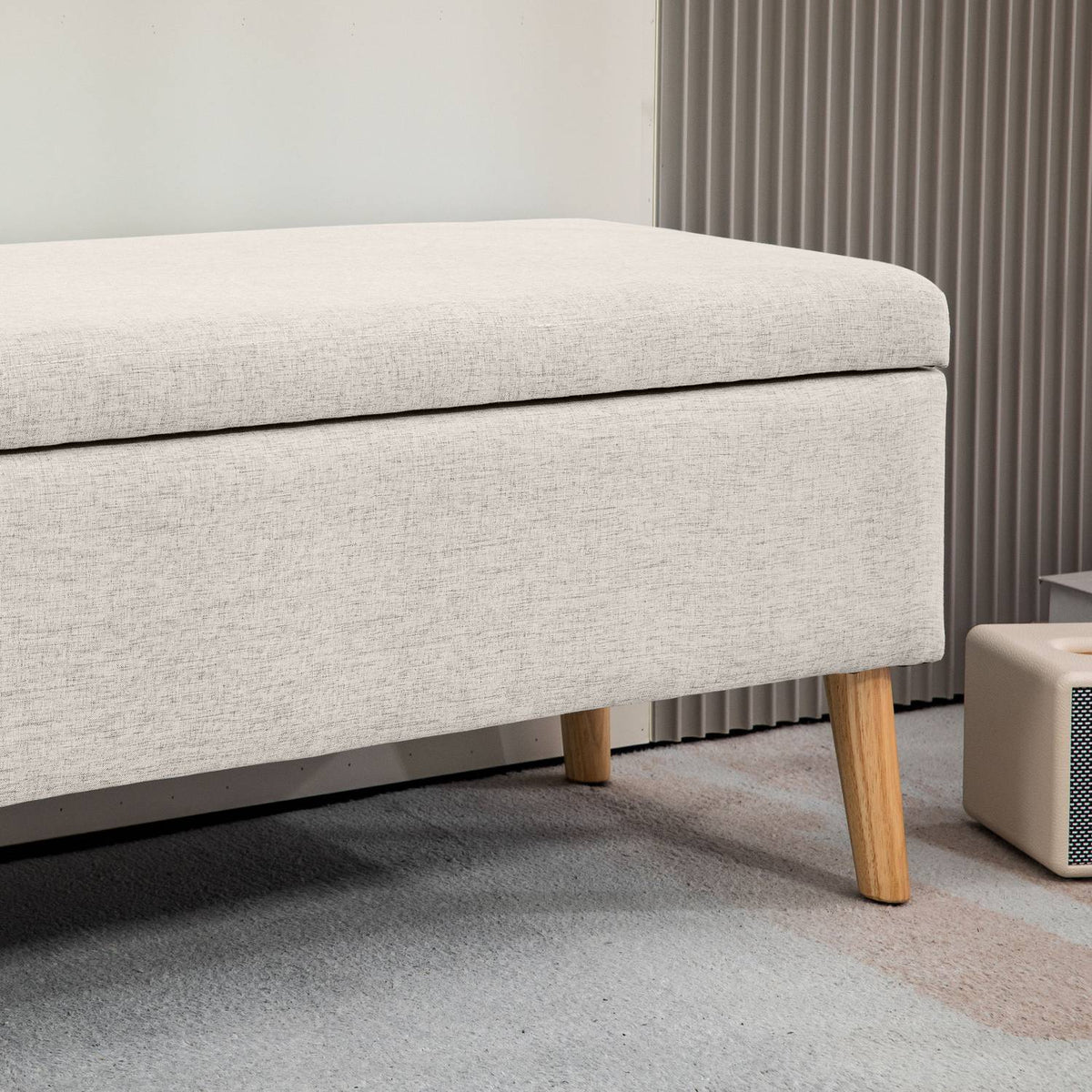 Banc de rangement rembourré beige – aspect lin, 110x39x45 cm