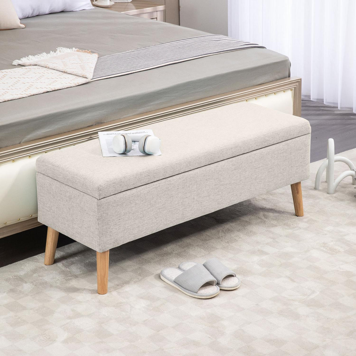 Banc de rangement rembourré beige – aspect lin, 110x39x45 cm