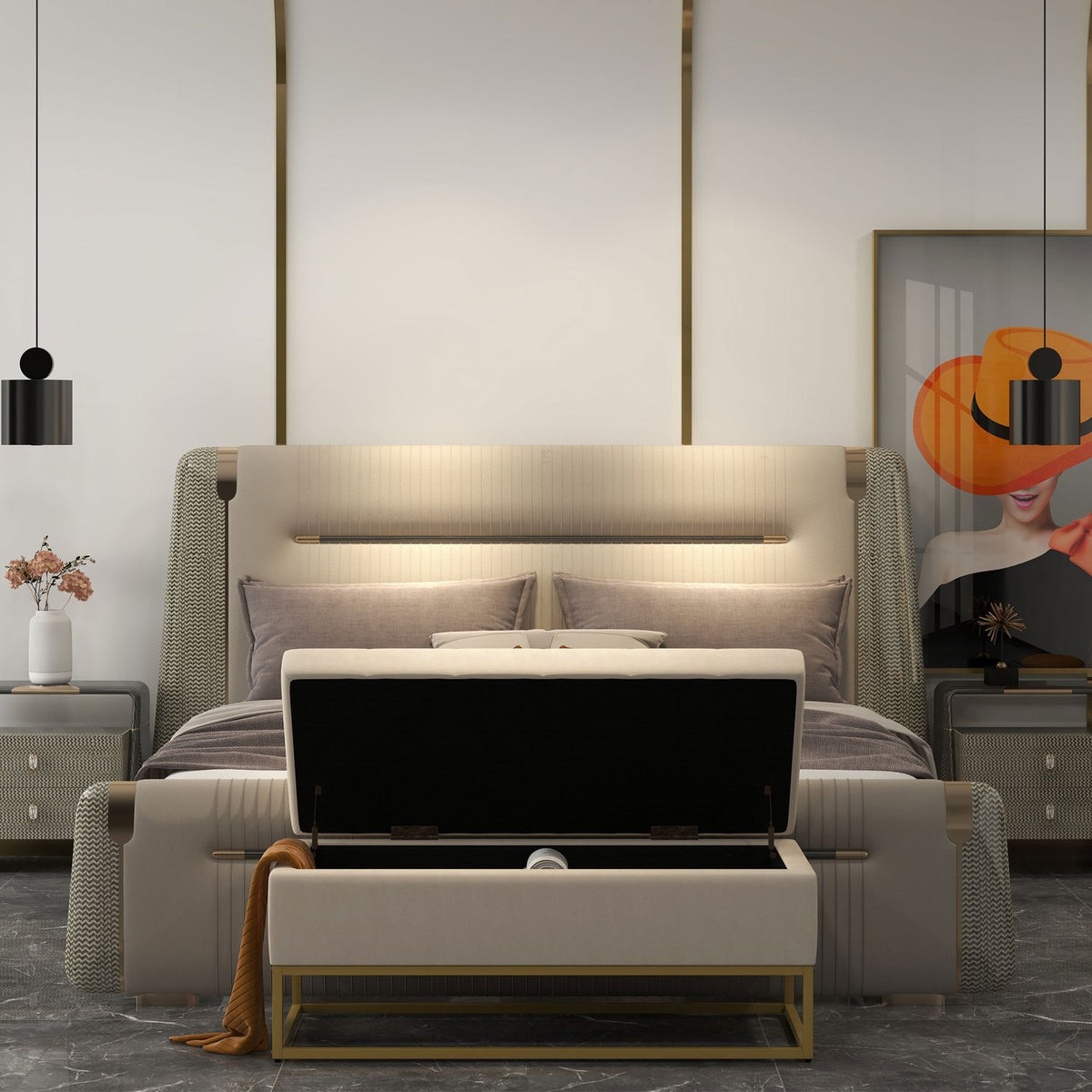 Beige gepolsterte Truhenbank mit Stahlbeinen, 110cm