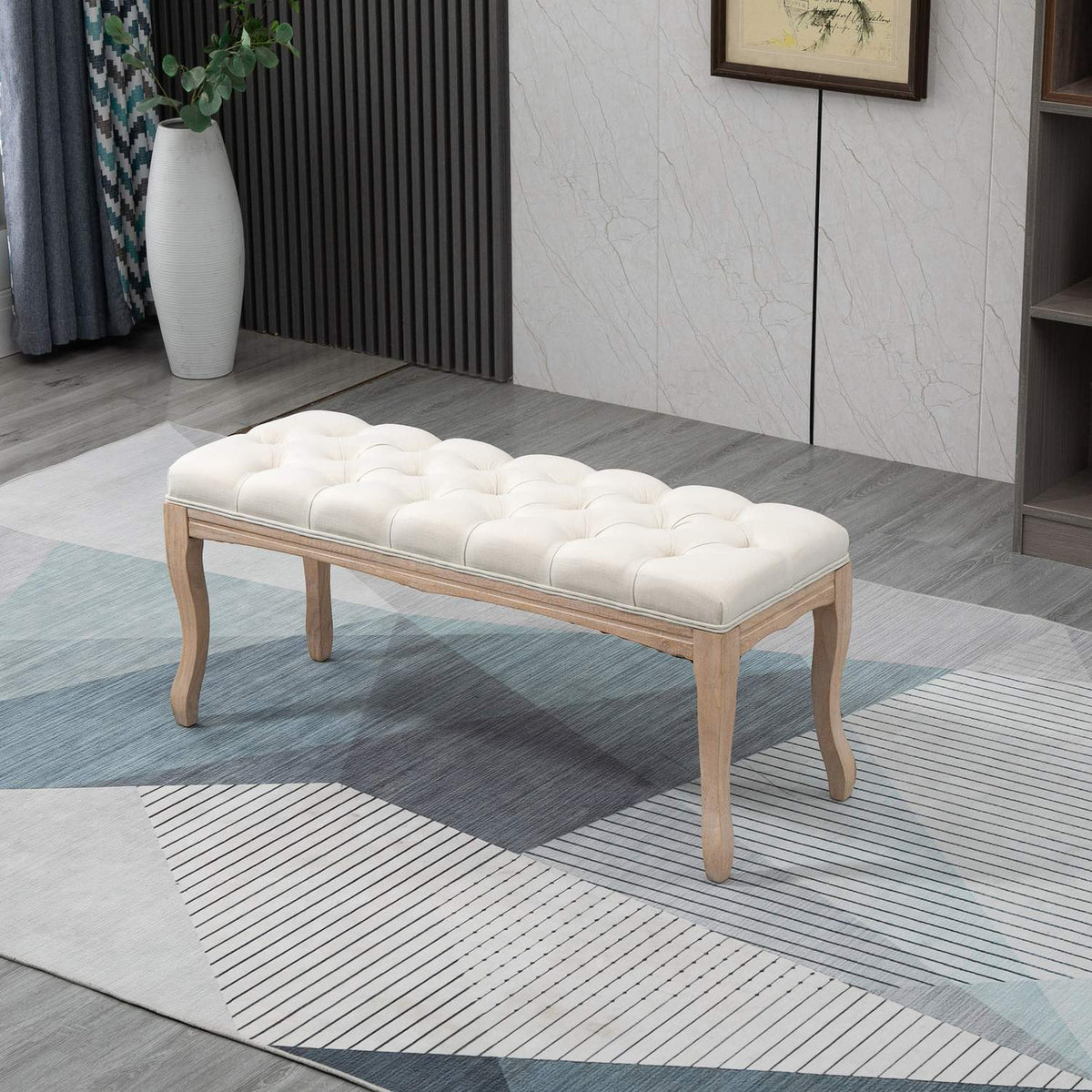 Beige gepolsterte Gummibaumholz-Bank – Vintage-Stil, 110x40x48Cm