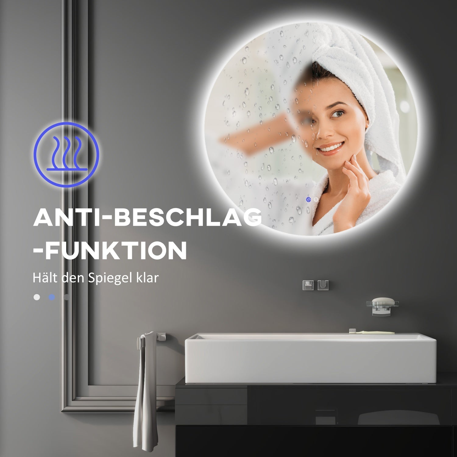 Belyst badrumsspegel, Ø70 cm, Anti-Imma, Touch Switch