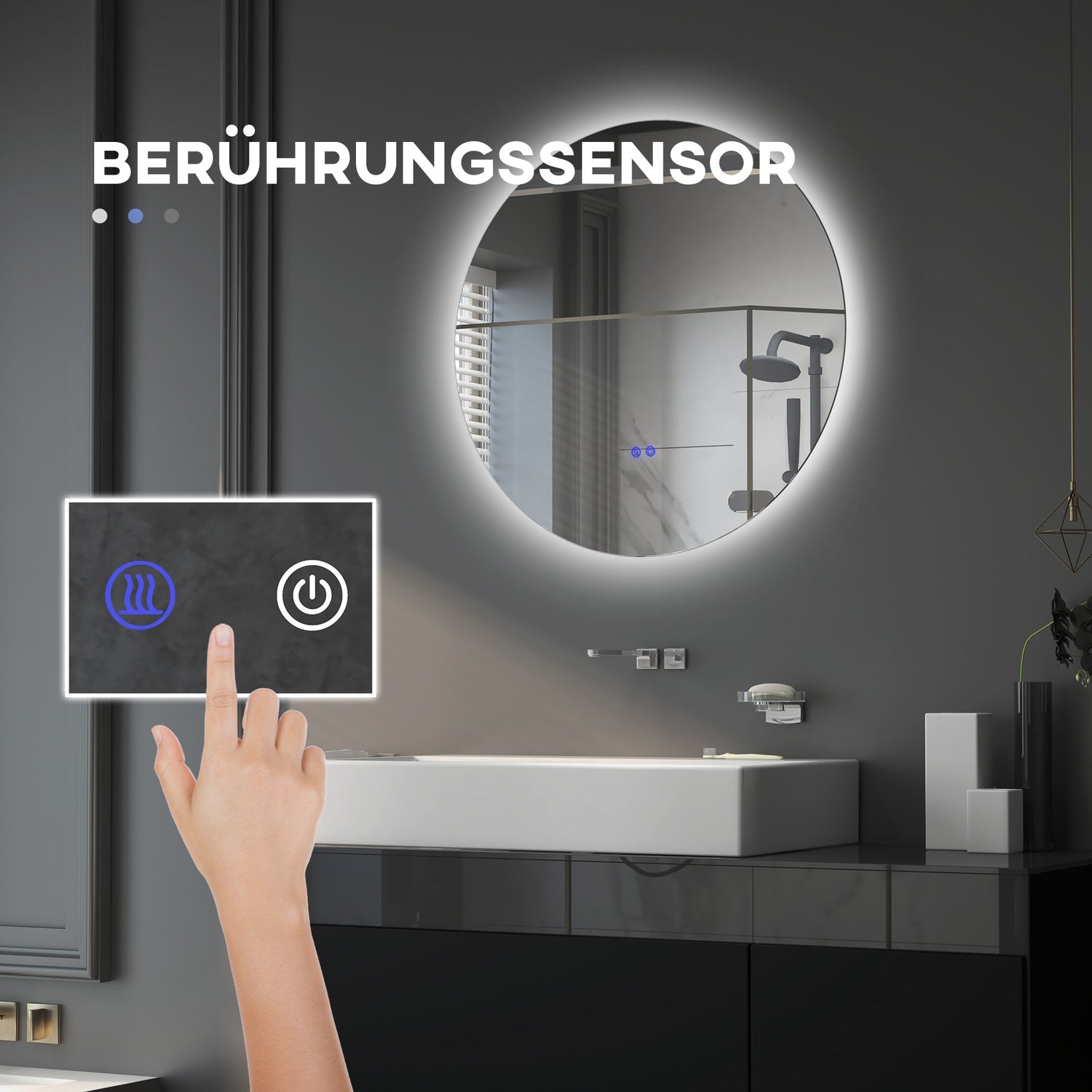 Belyst badrumsspegel, Ø70 cm, Anti-Imma, Touch Switch