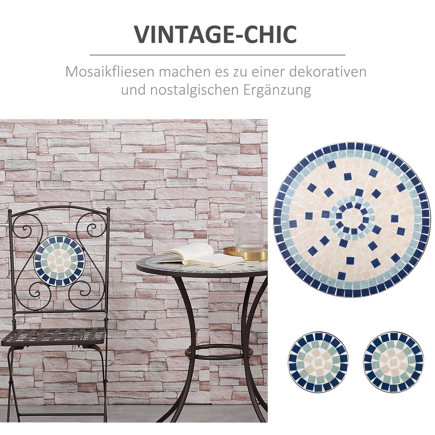 Bistro bordsset för 2, mosaiksten, väderbeständig