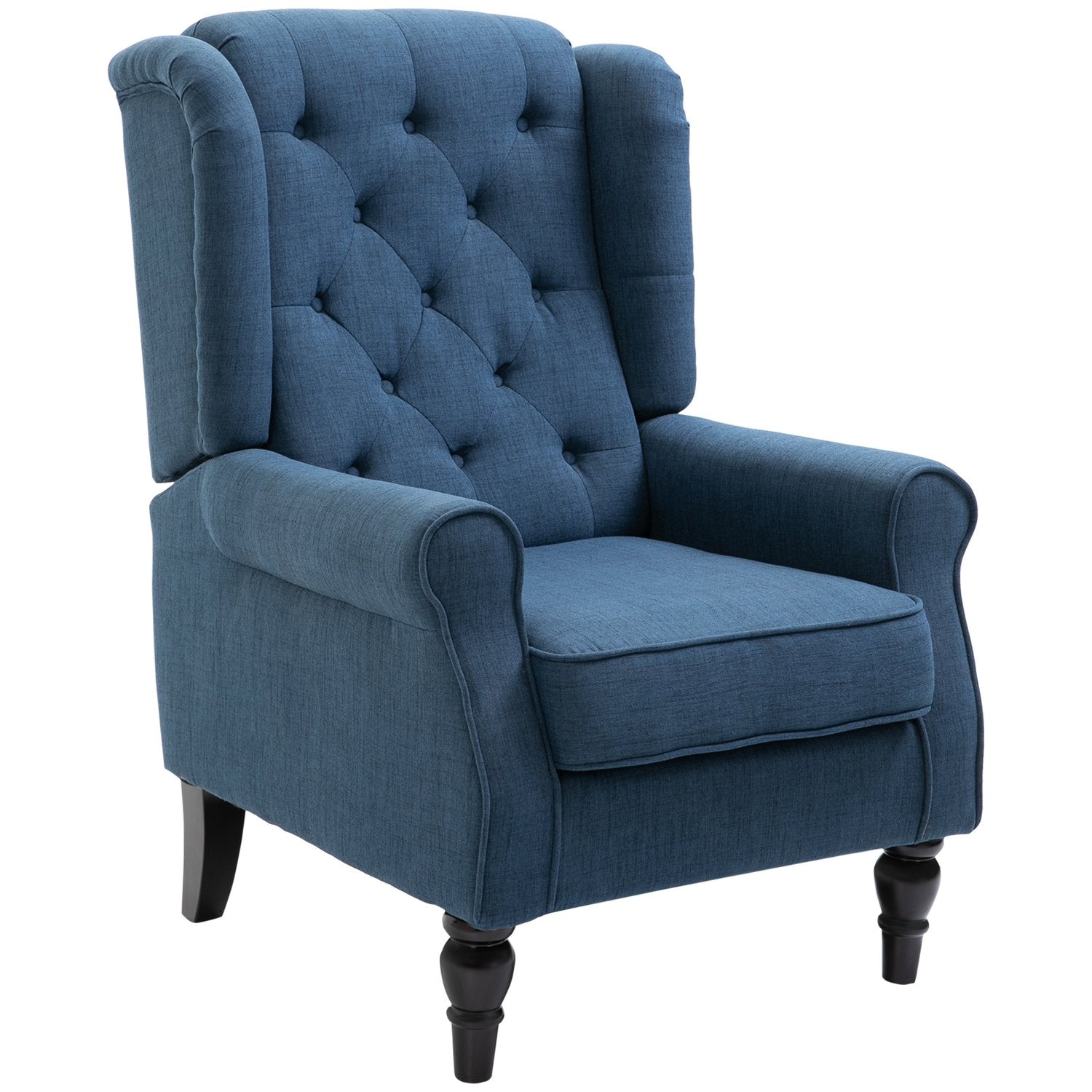 Blå tuftad Wingback-stol med armar, träben – 160 kg kapacitet