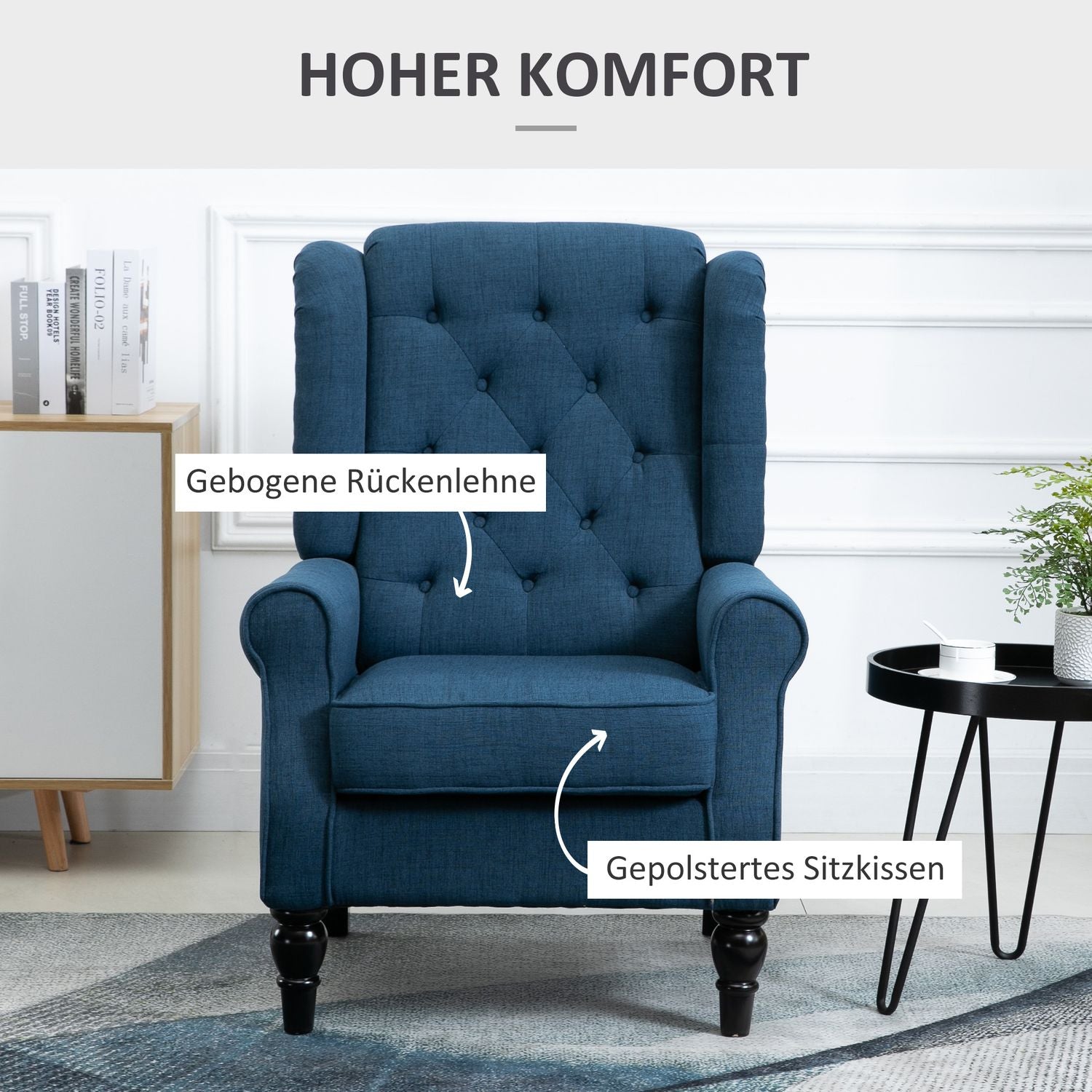 Blå tuftad Wingback-stol med armar, träben – 160 kg kapacitet