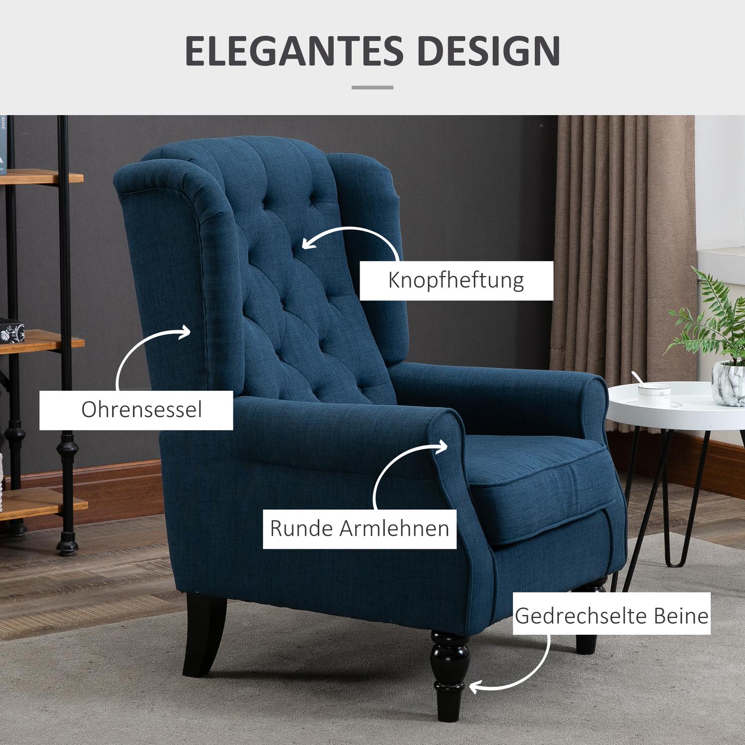 Blå tuftad Wingback-stol med armar, träben – 160 kg kapacitet