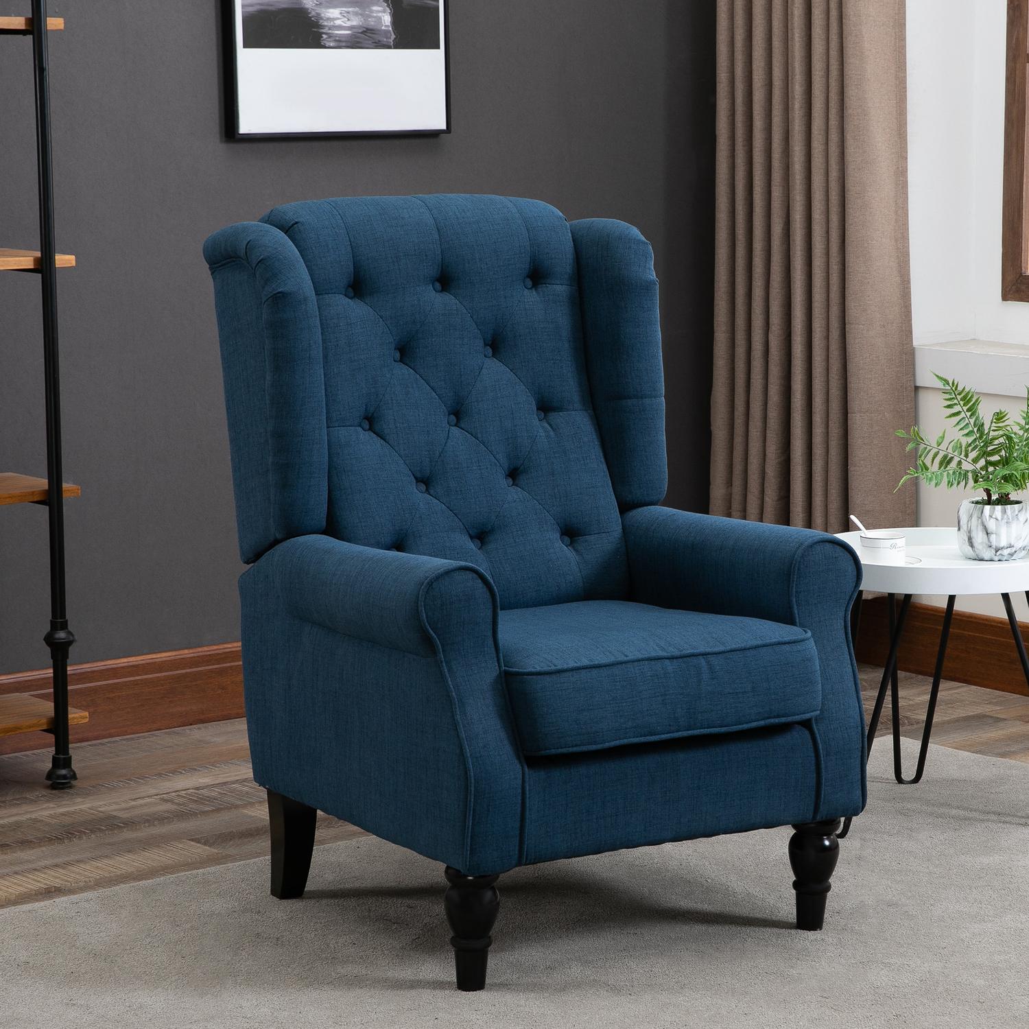 Blå tuftad Wingback-stol med armar, träben – 160 kg kapacitet