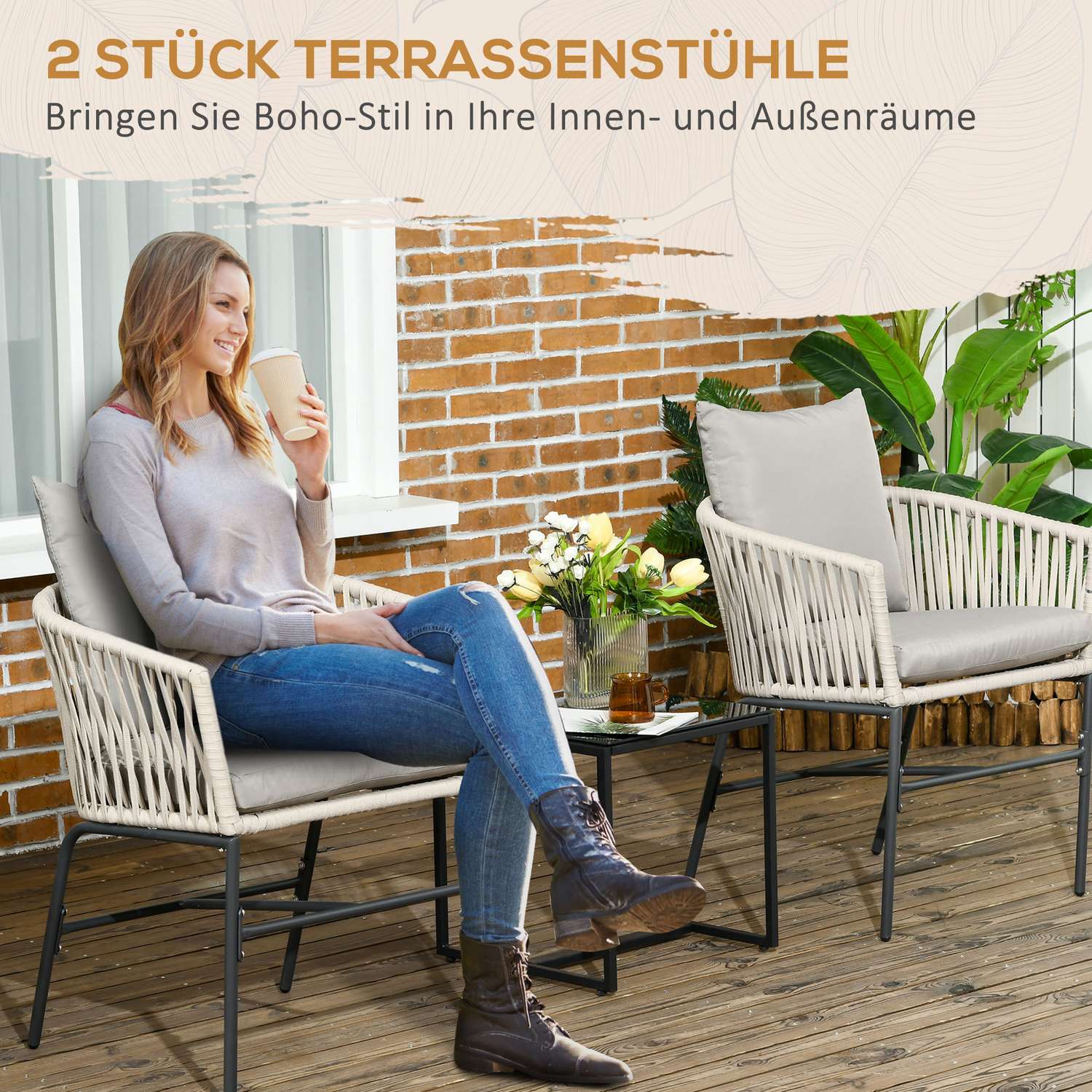 Boho Style Metal Trädgårdsstolar med kuddar – Set med 2