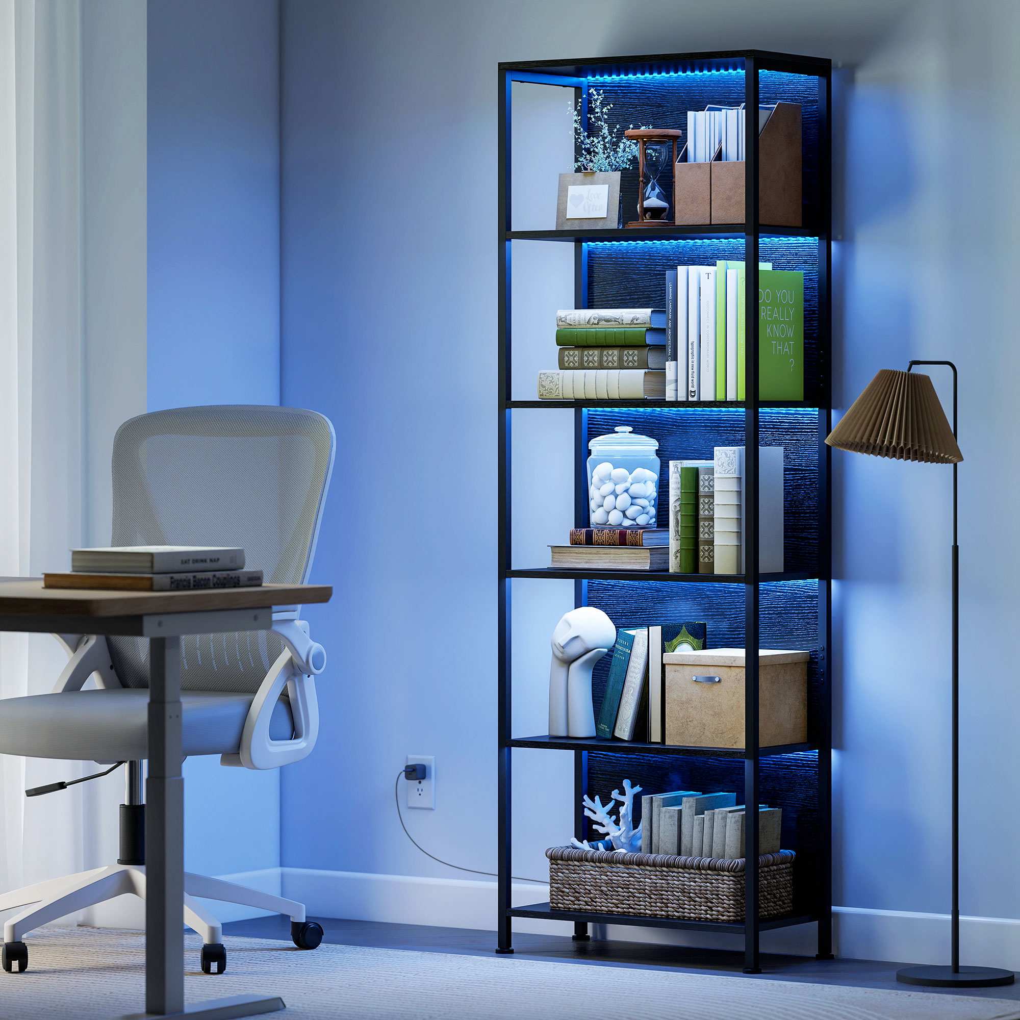 Bokhylla med 5 hyllor, LED-belysning, 7 färger, svart