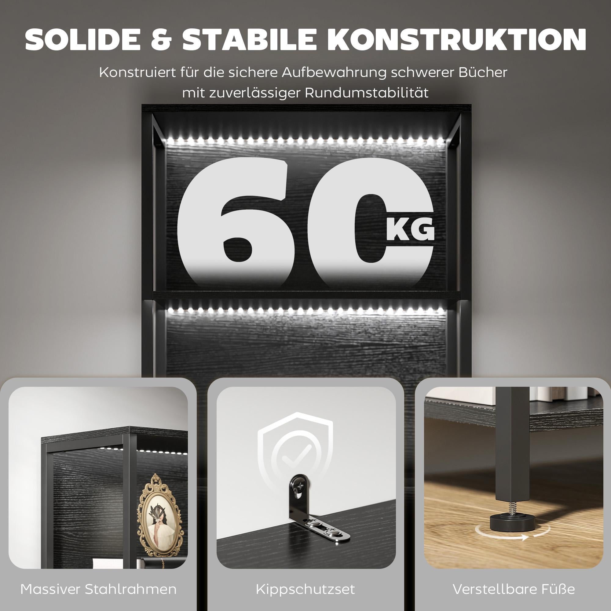 Bokhylla med 5 hyllor, LED-belysning, 7 färger, svart