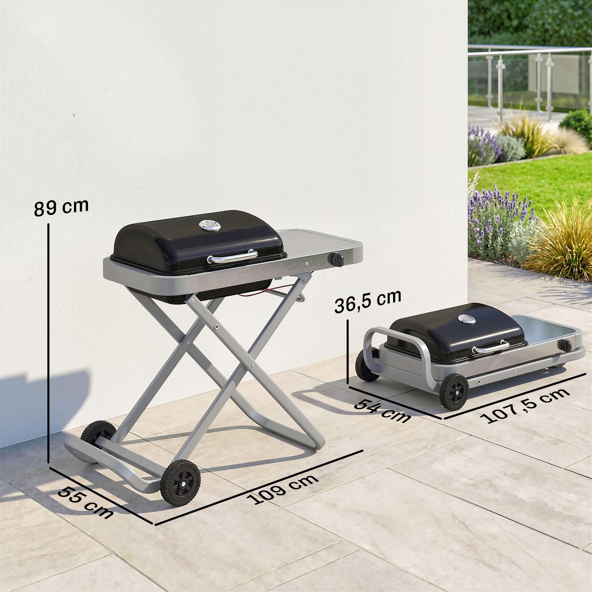 Bärbar gasgrill med 1 brännare, hopfällbar vagn, termometer