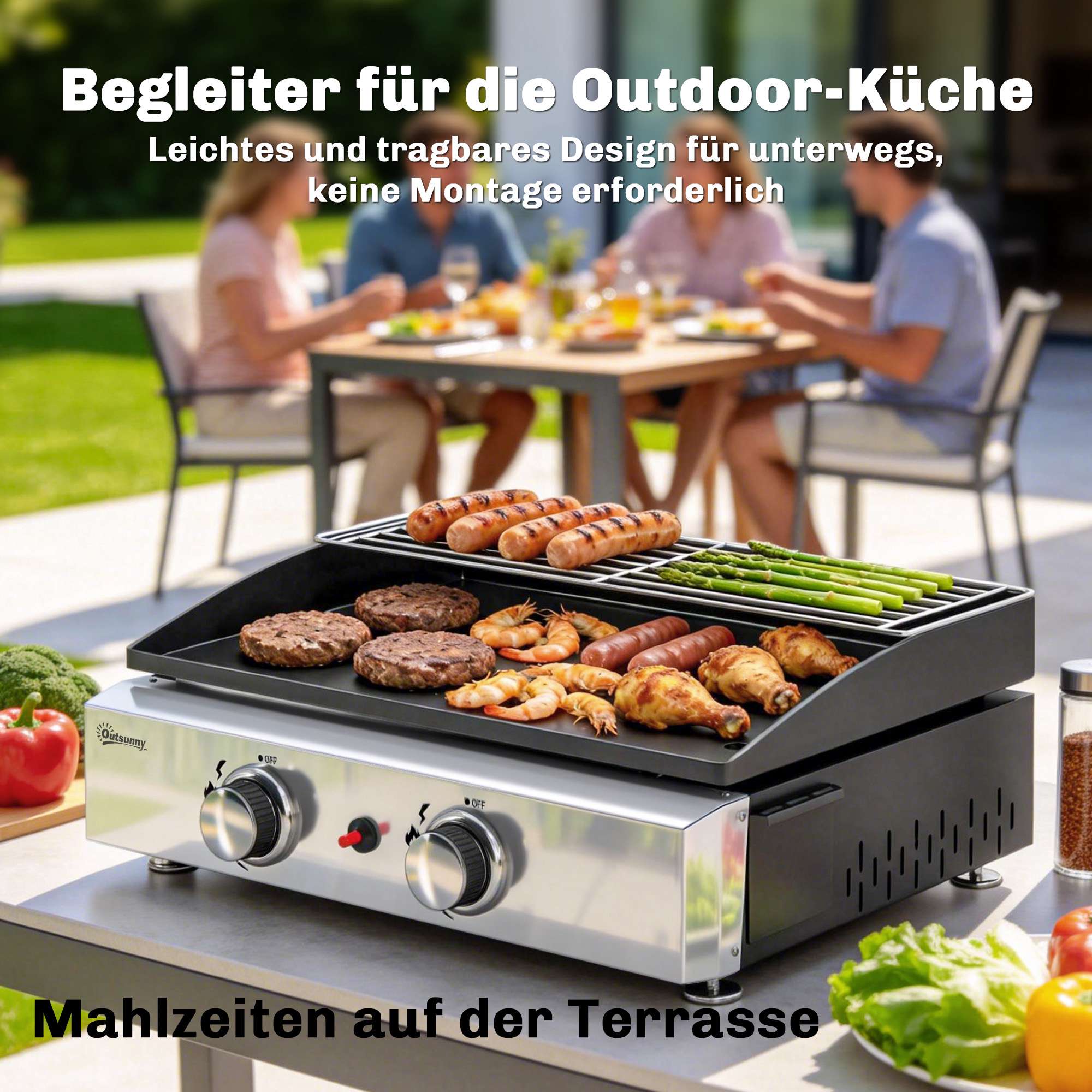Bärbar gasgrill med 2 brännare, keramiskt belagt galler