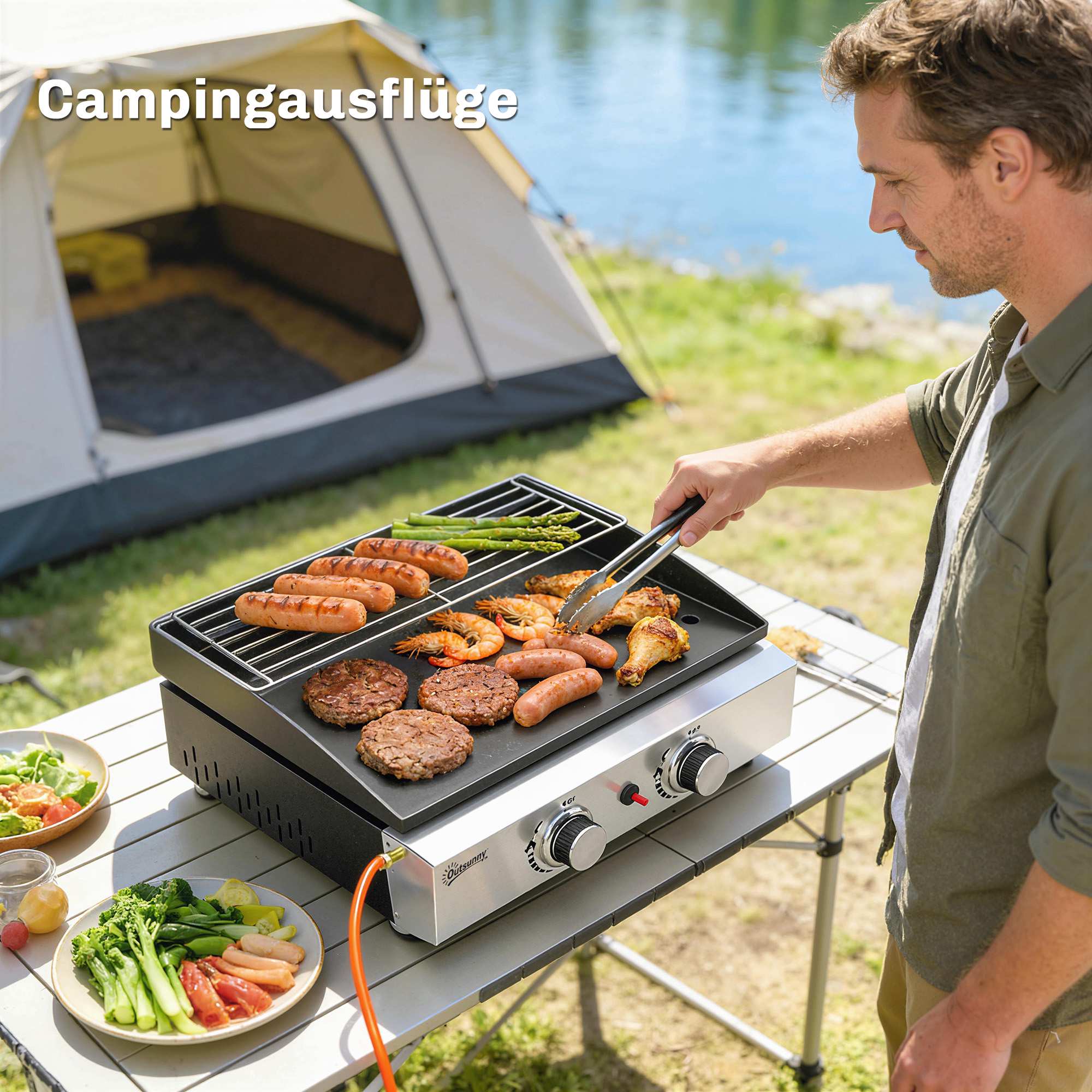 Bärbar gasgrill med 2 brännare, keramiskt belagt galler