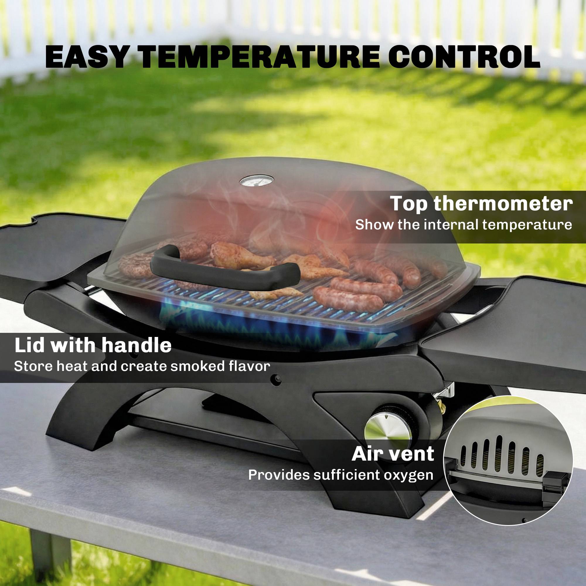 Bärbar gasgrill med 3,3 kW brännare och sidobord