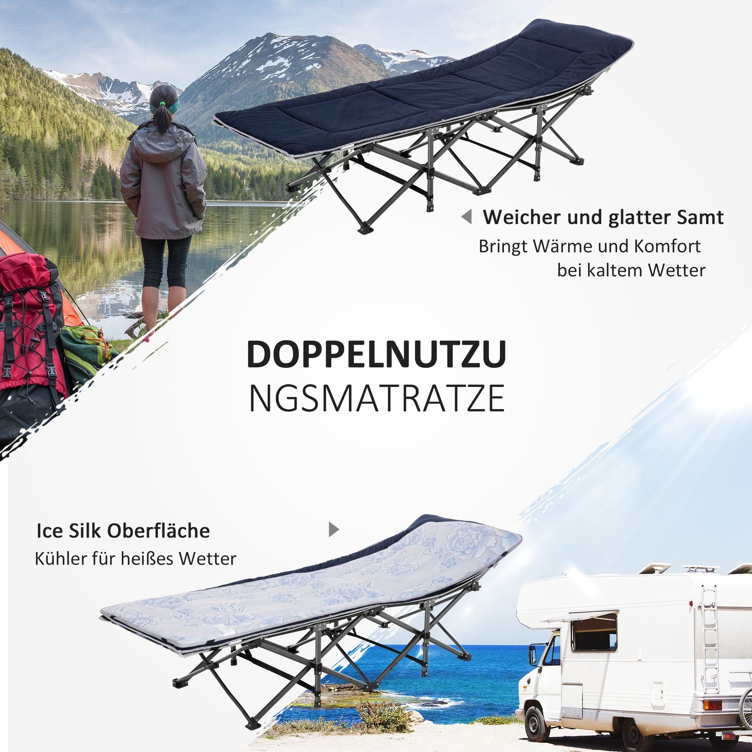 Bärbar hopfällbar campingsäng med kudde och sidoficka