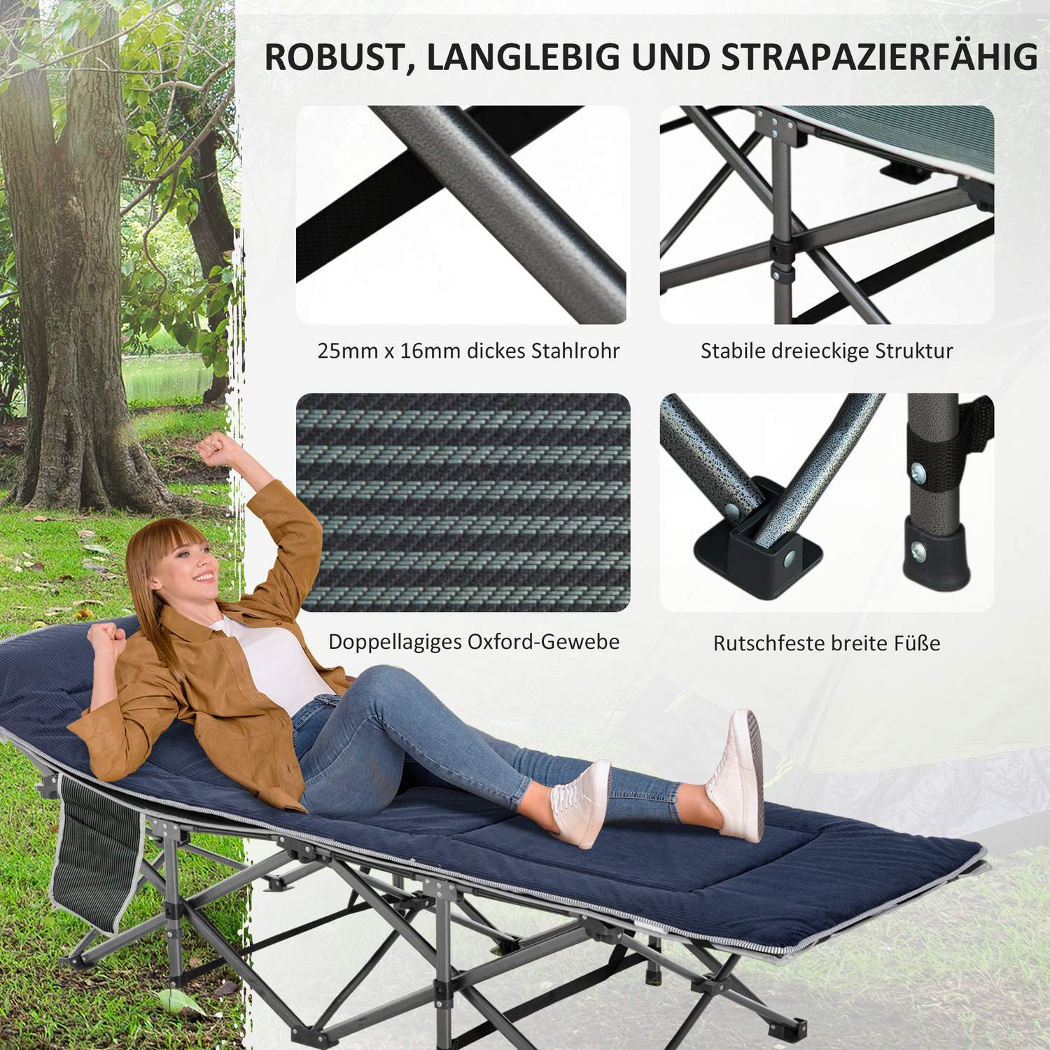 Bärbar hopfällbar campingsäng med kudde och sidoficka