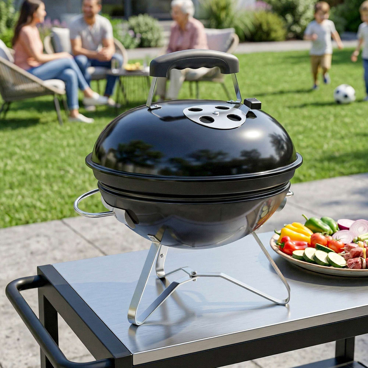 Bärbar kolgrill med lock och ventil, 41 cm