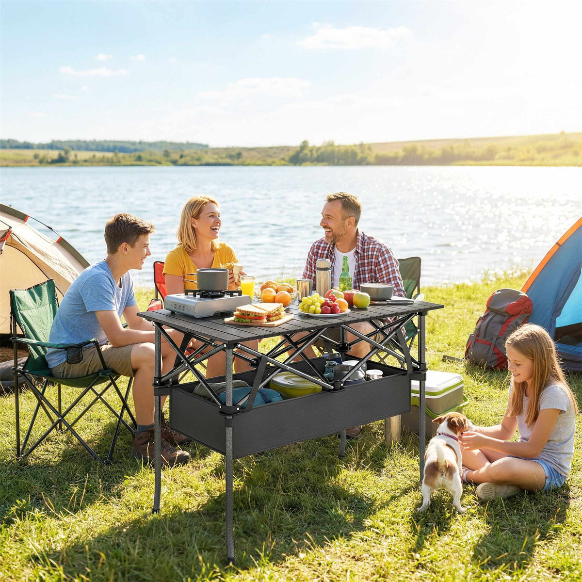 Bärbart hopfällbart campingbord med nätförvaring, svart