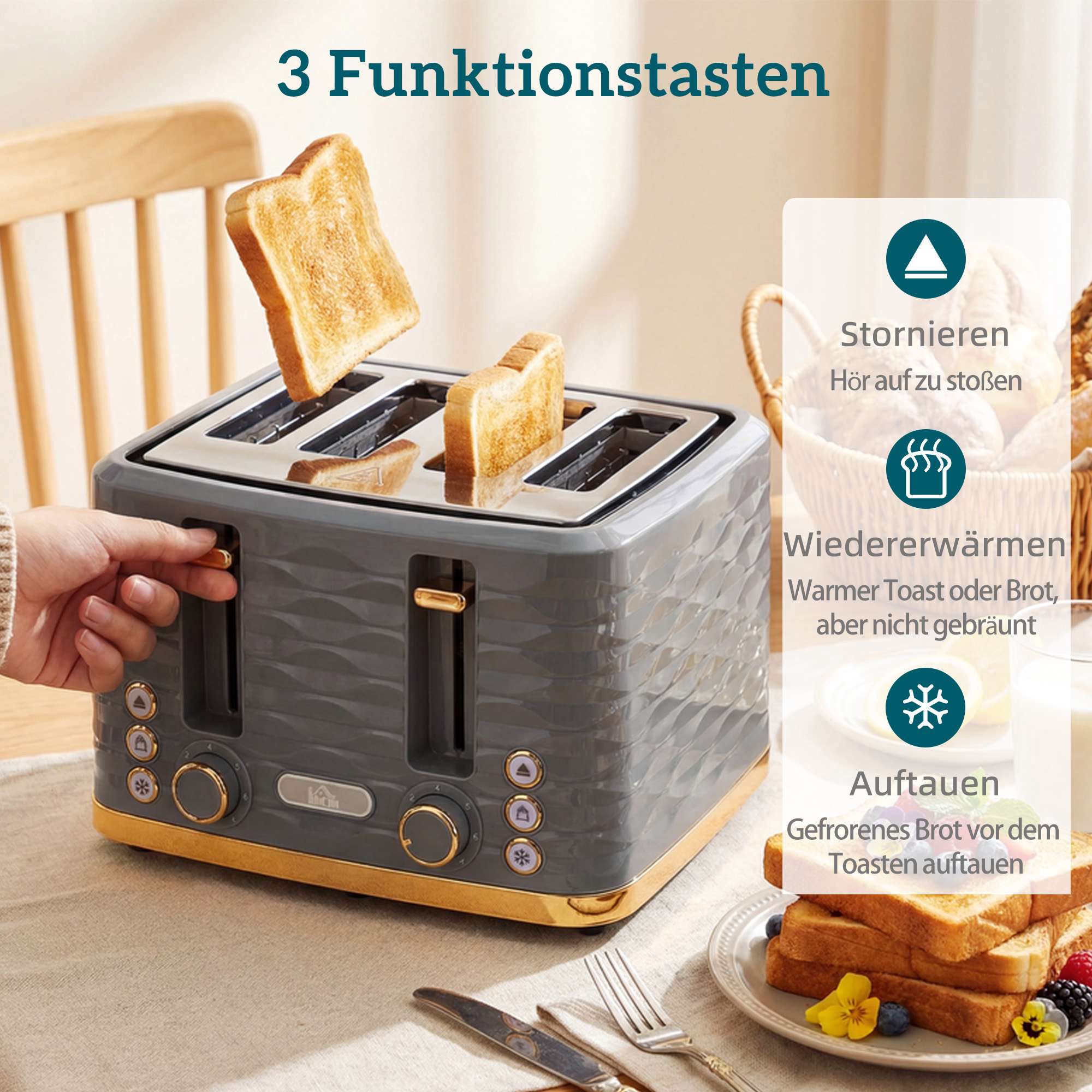 Brödrost för 4 skivor, 7 rostningsnivåer, automatisk avstängning