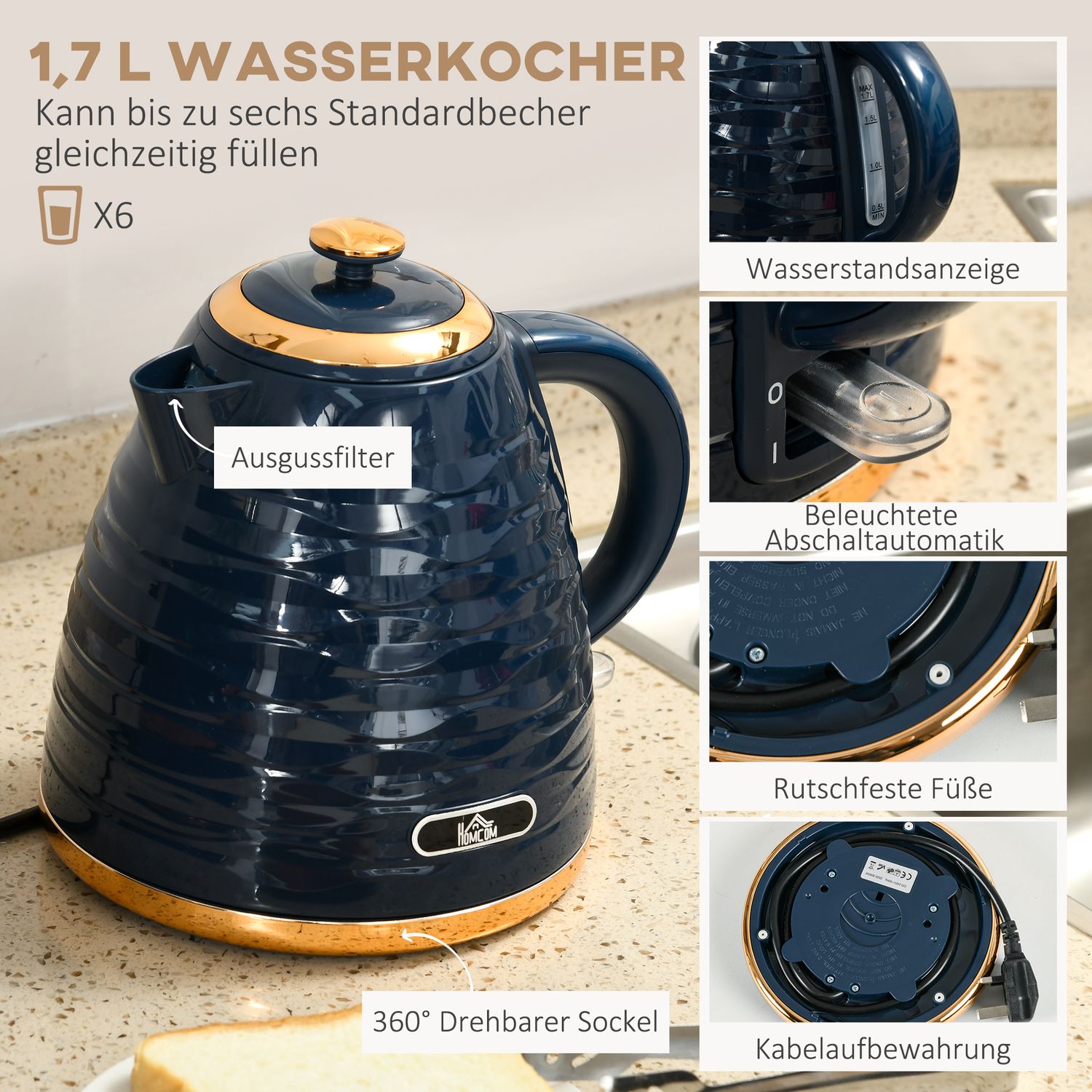 Brödrost- och vattenkokare, 7 bryningsnivåer, blå