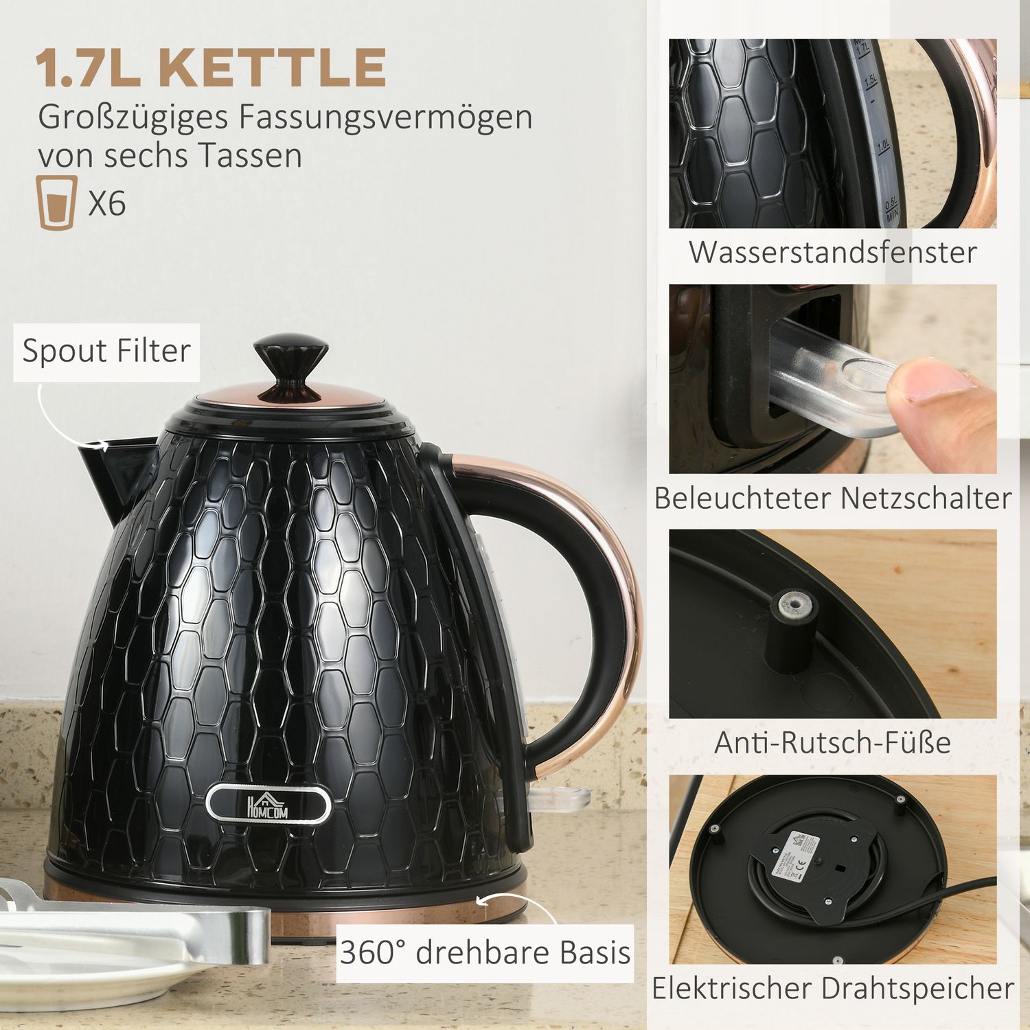 Brödrost- och vattenkokare, svart, 1,7 l, kapacitet för 4 skivor