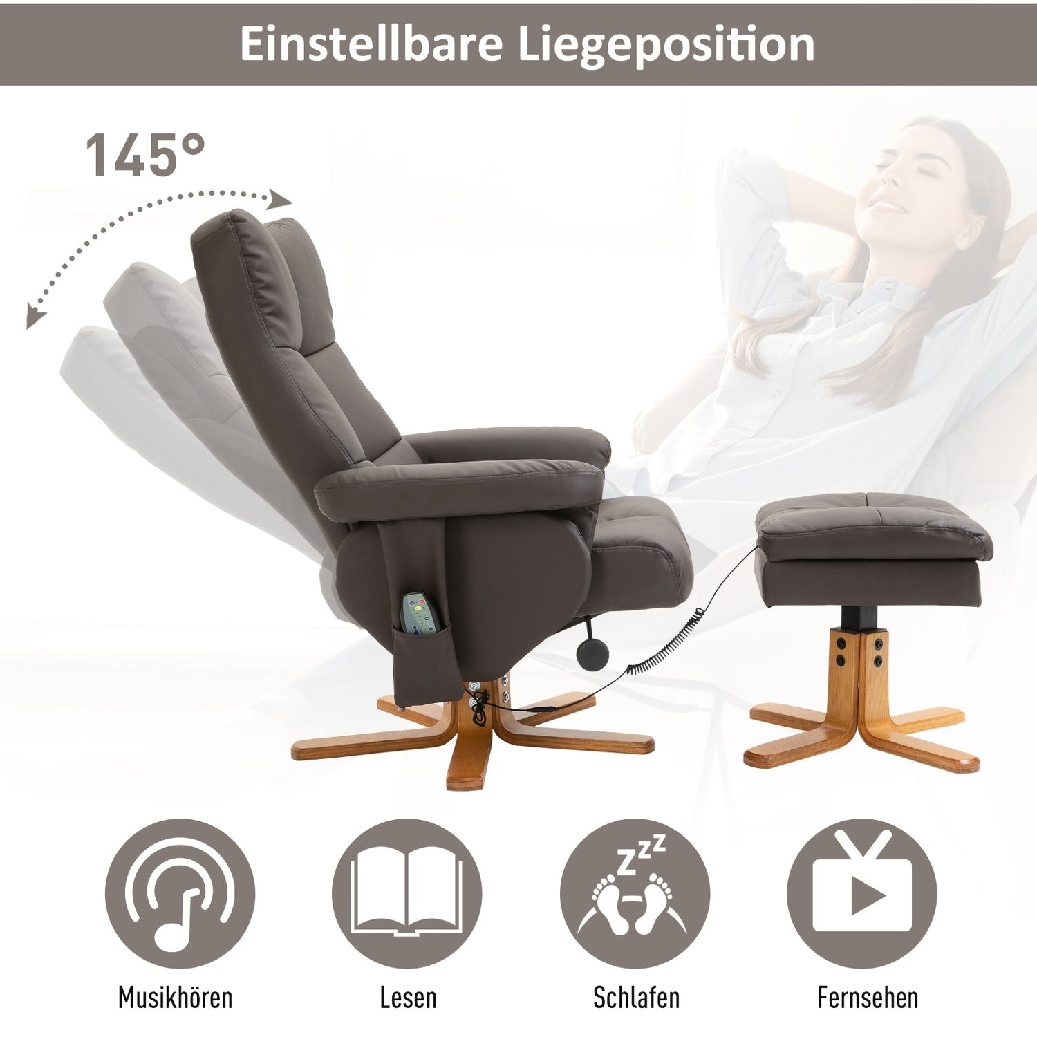 Brun avslappningsstol i konstläder med massage och pall