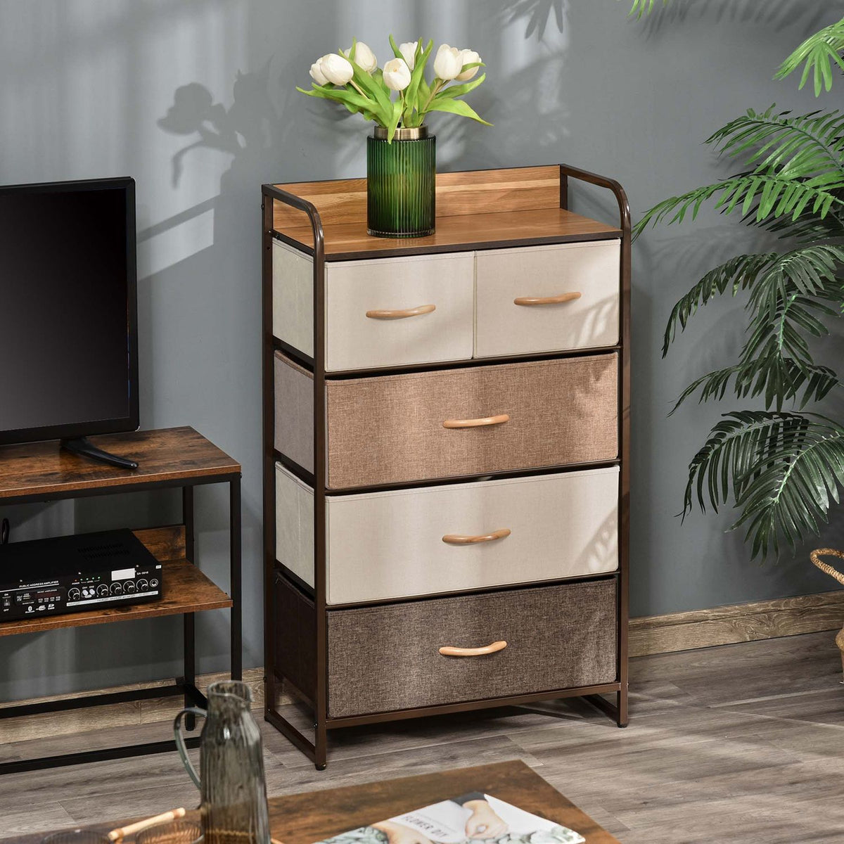 Meuble de rangement marron avec 5 tiroirs en tissu pliants