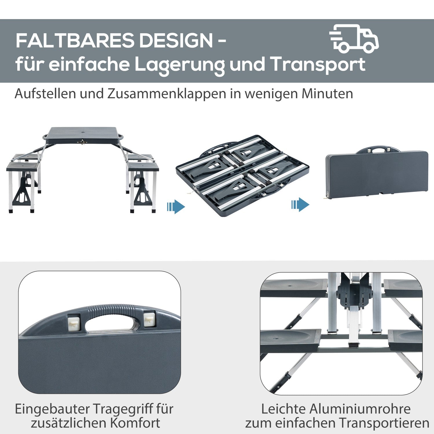 Campingbordsset i aluminium med 4 hopfällbara säten