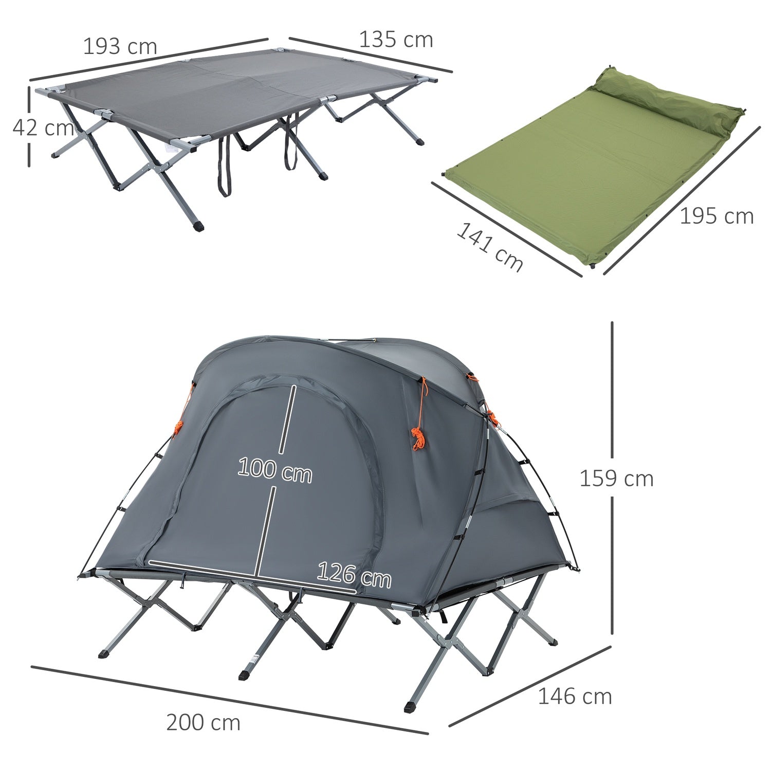 Camping kupoltält med luftmadrass, 2 personer, grå