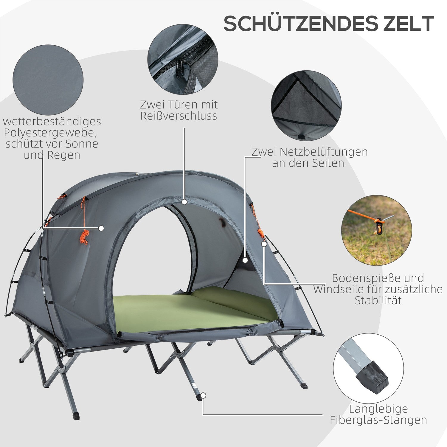 Camping kupoltält med luftmadrass, 2 personer, grå