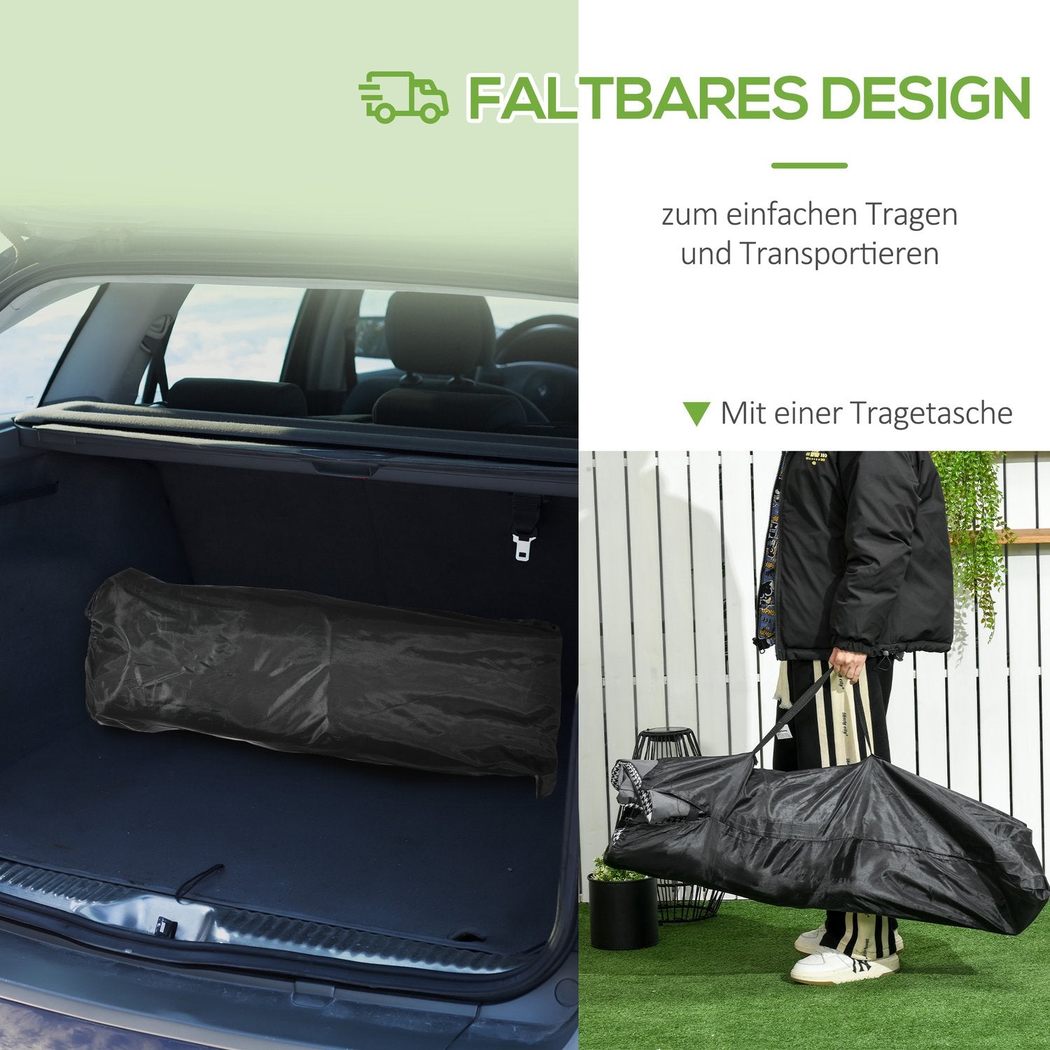 Campingsäng med väska & mugghållare, svart, 120 kg kapacitet