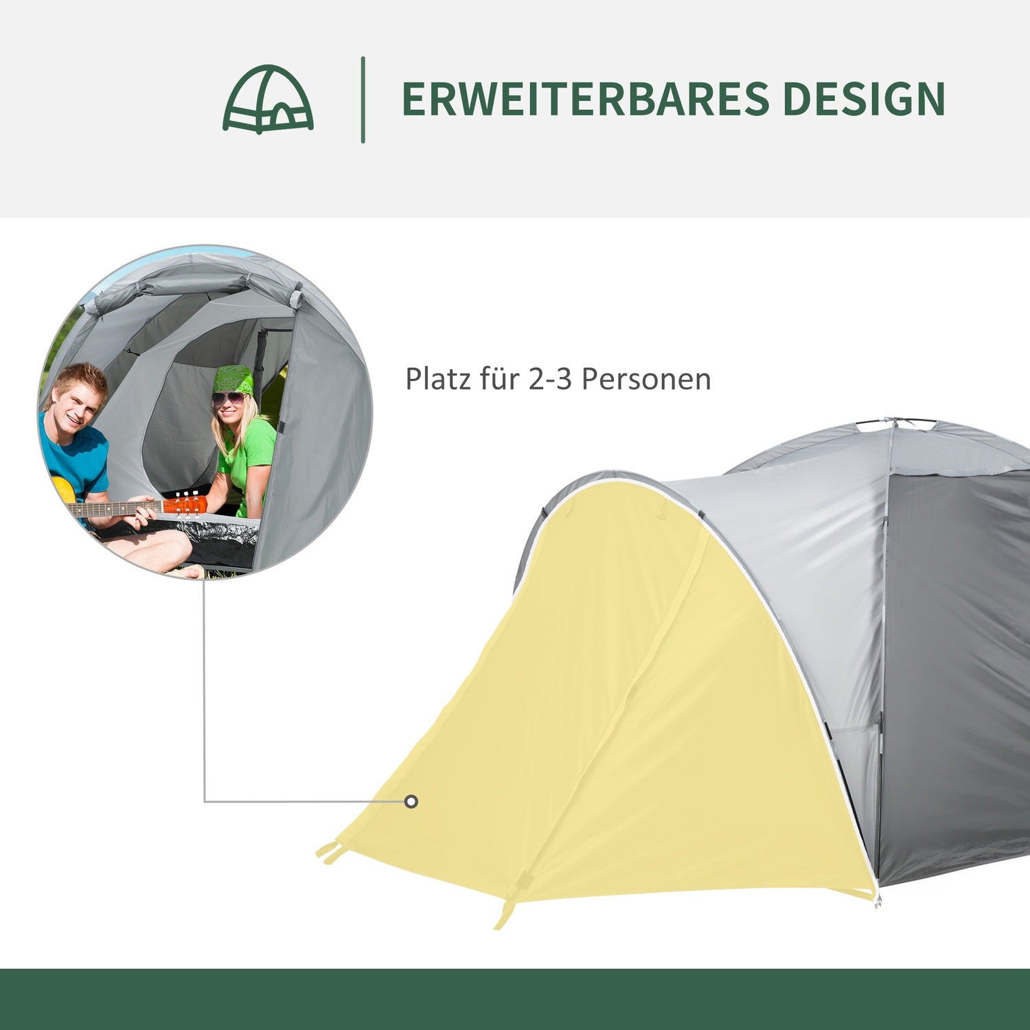 Campingtält för 2-3 personer, dörr & nätfönster, grått