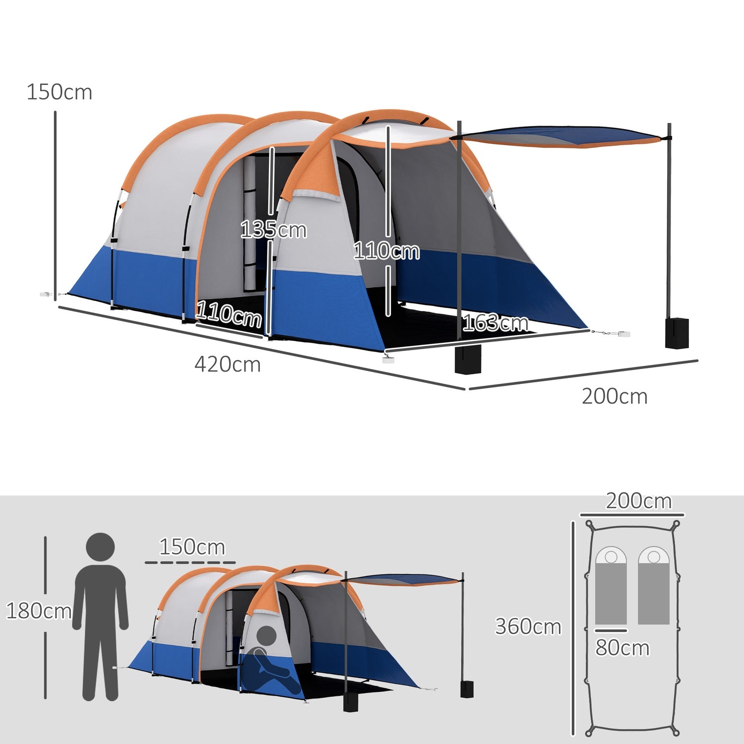 Campingtält för 3, 2 rum, vindtätt, 2000 mm vattenavvisande