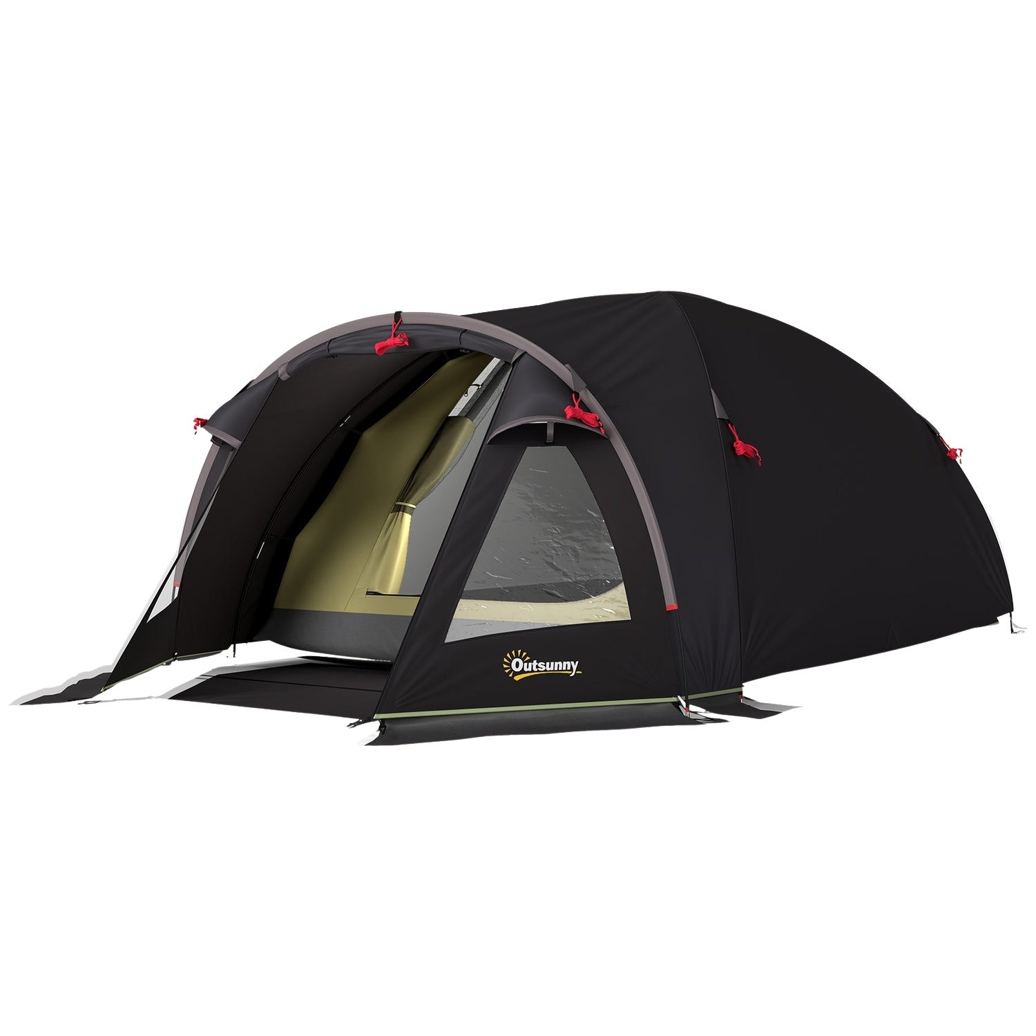 Campingtält för 4 personer, lätt, stabilt, UV 50+ tunneltält med kapell, sidodörr och fönster, svart