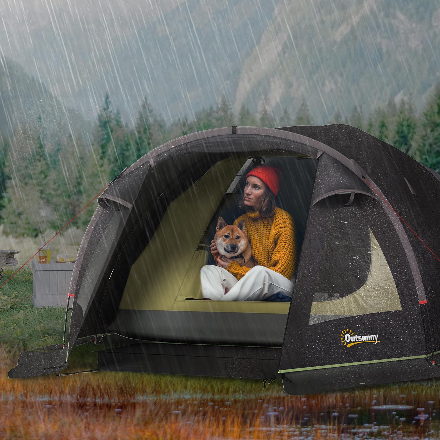 Campingtält för 4 personer, lätt, stabilt, UV 50+ tunneltält med kapell, sidodörr och fönster, svart