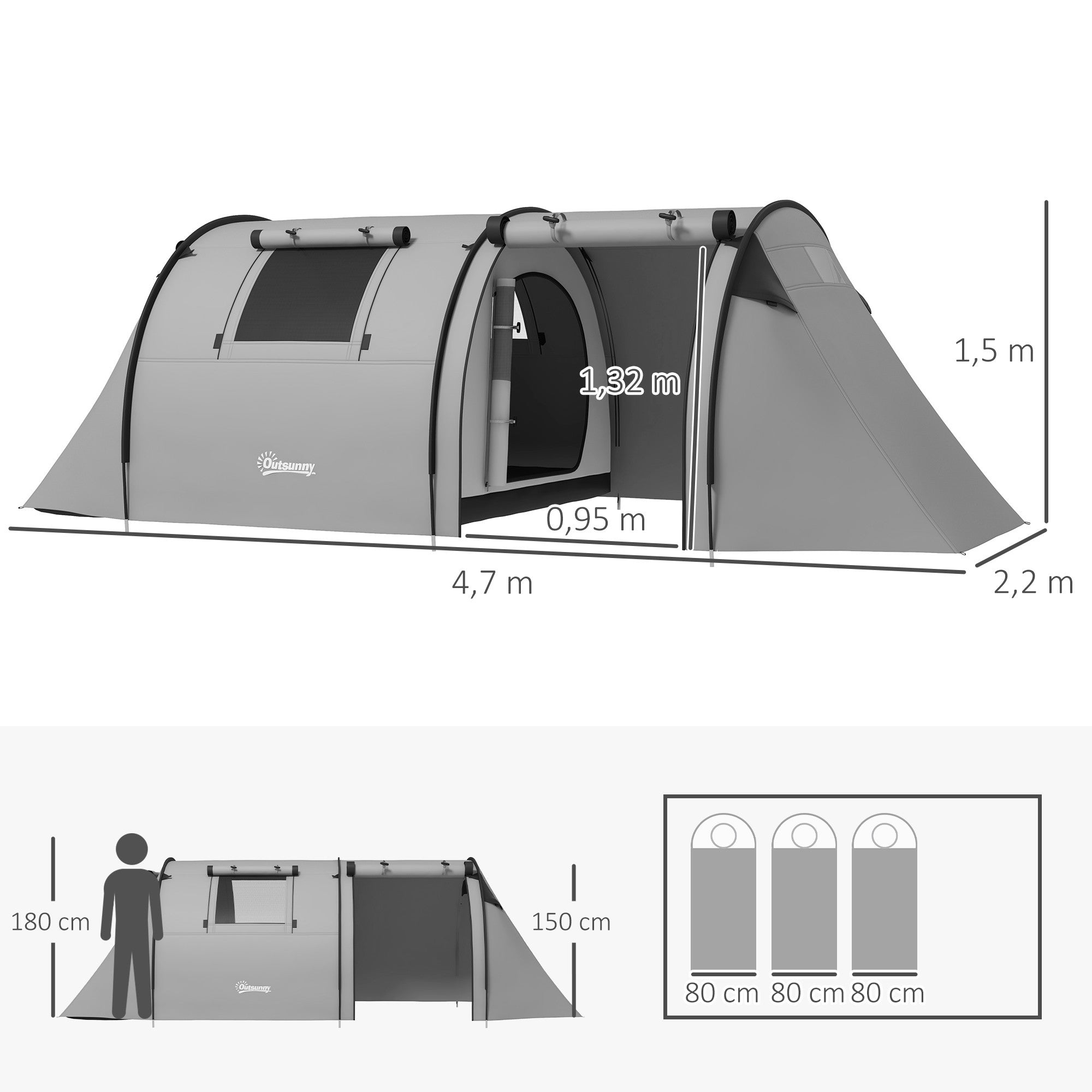 Campingtält för 4 personer, vattentätt, design med 2 rum