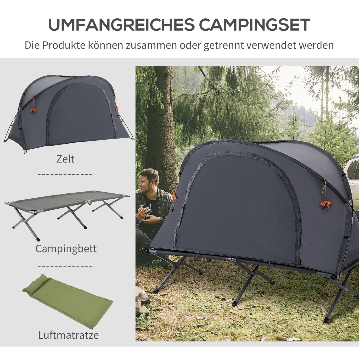 Campingtältsäng med luftmadrass Grå 200 x 86 x 147 cm