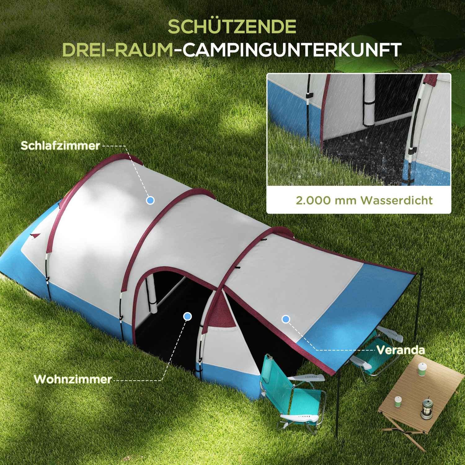 Campingtunneltält för 3 personer – vindtätt, 2 rum
