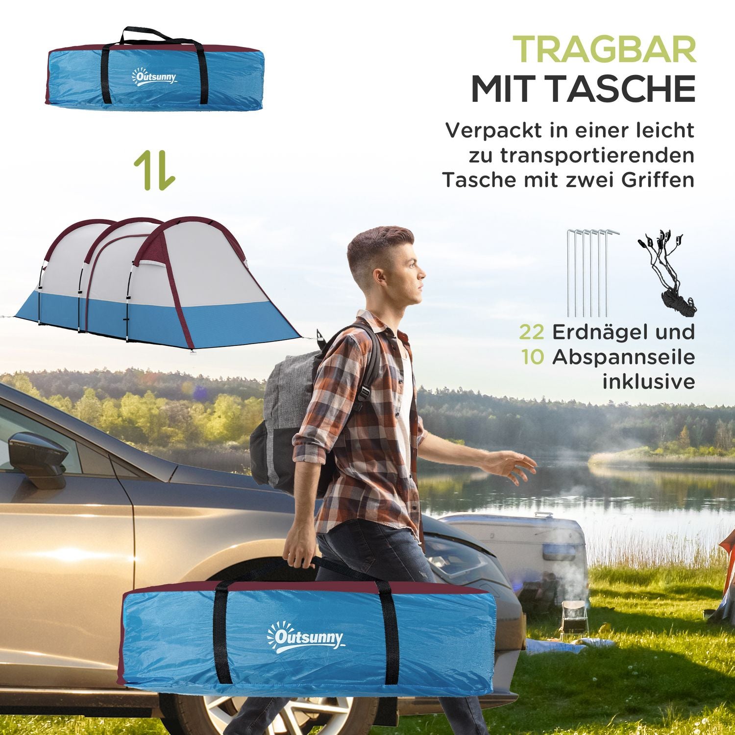 Campingtunneltält för 3 personer – vindtätt, 2 rum