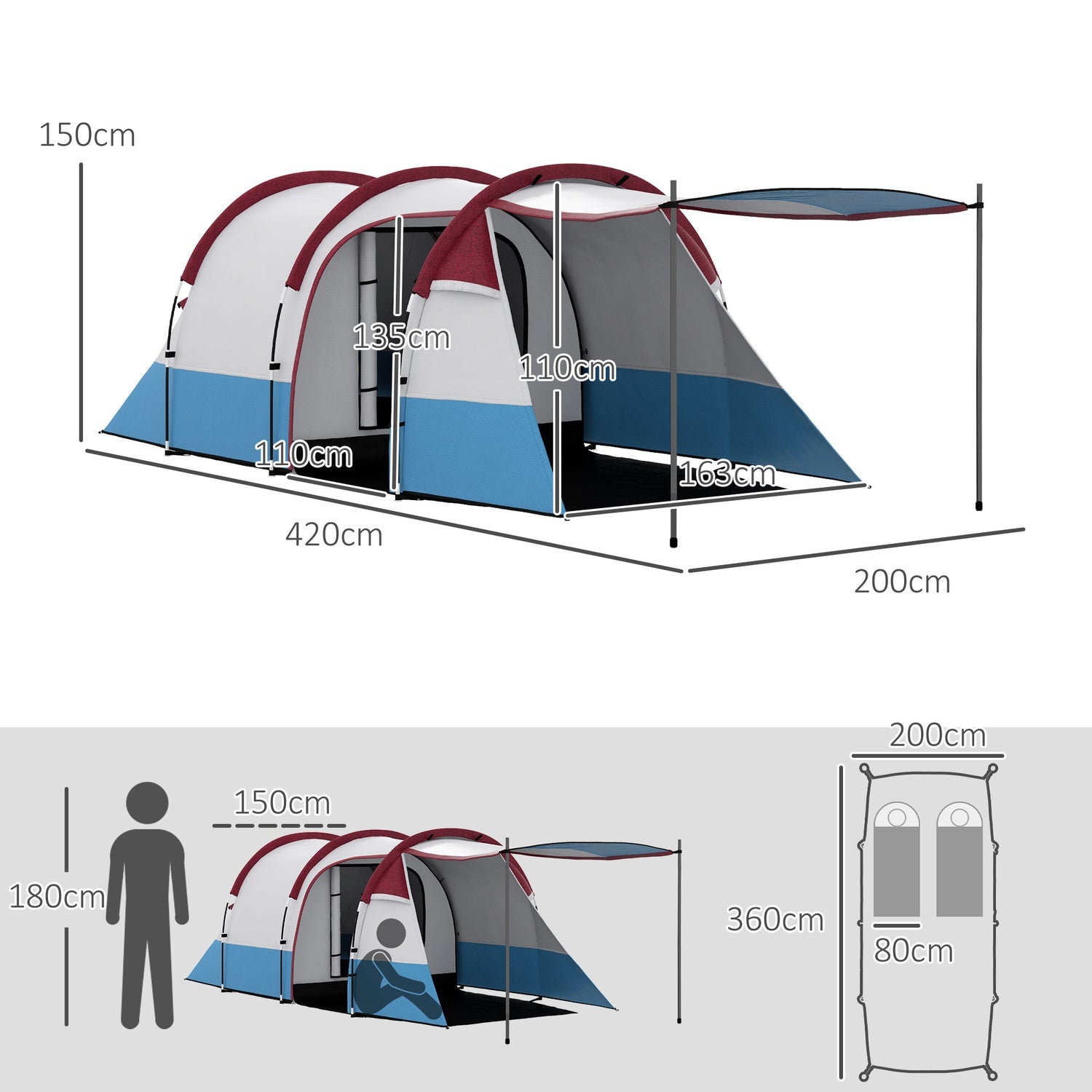 Campingtunneltält för 3 personer – vindtätt, 2 rum