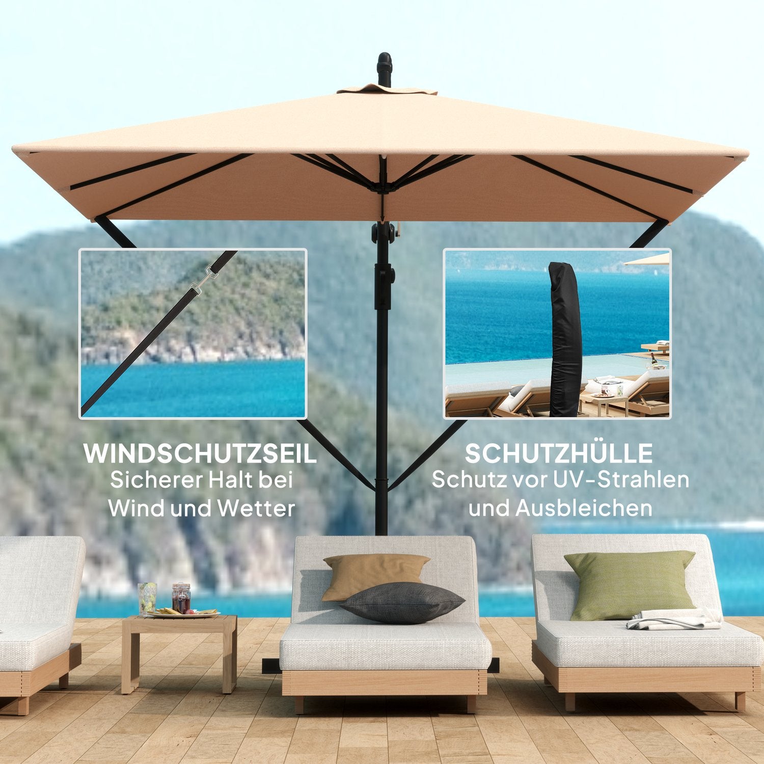 Cantilever Parasoll Ø260 cm, UV 50+, Vattenavvisande, Khaki