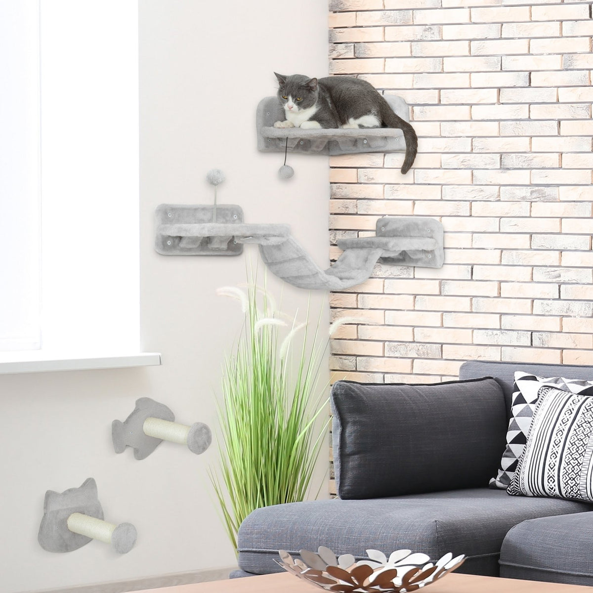 Set d'escalade murale pour chat, 4 pièces avec marches et poteaux en sisal