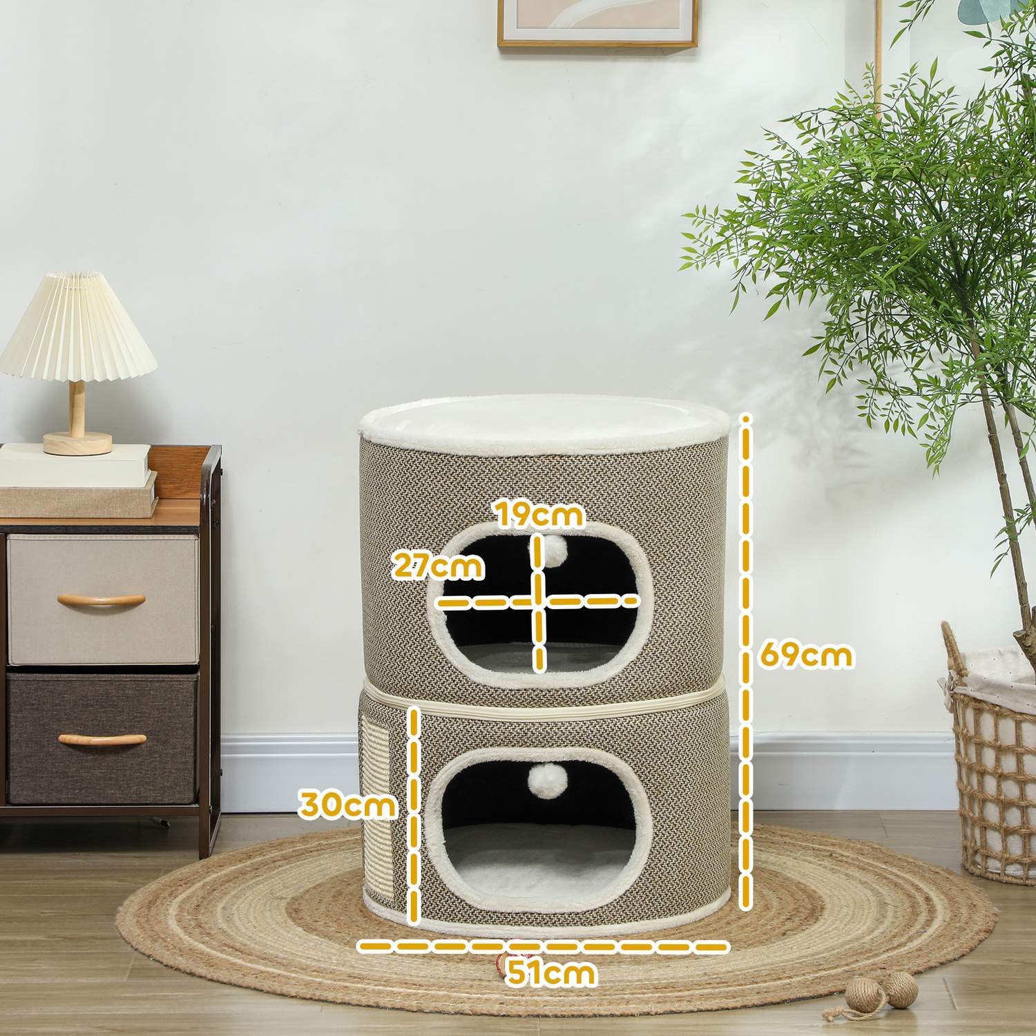 Cat Scratching Barrel – 2 grottor, sisal, 69 cm, kaffe/grädde