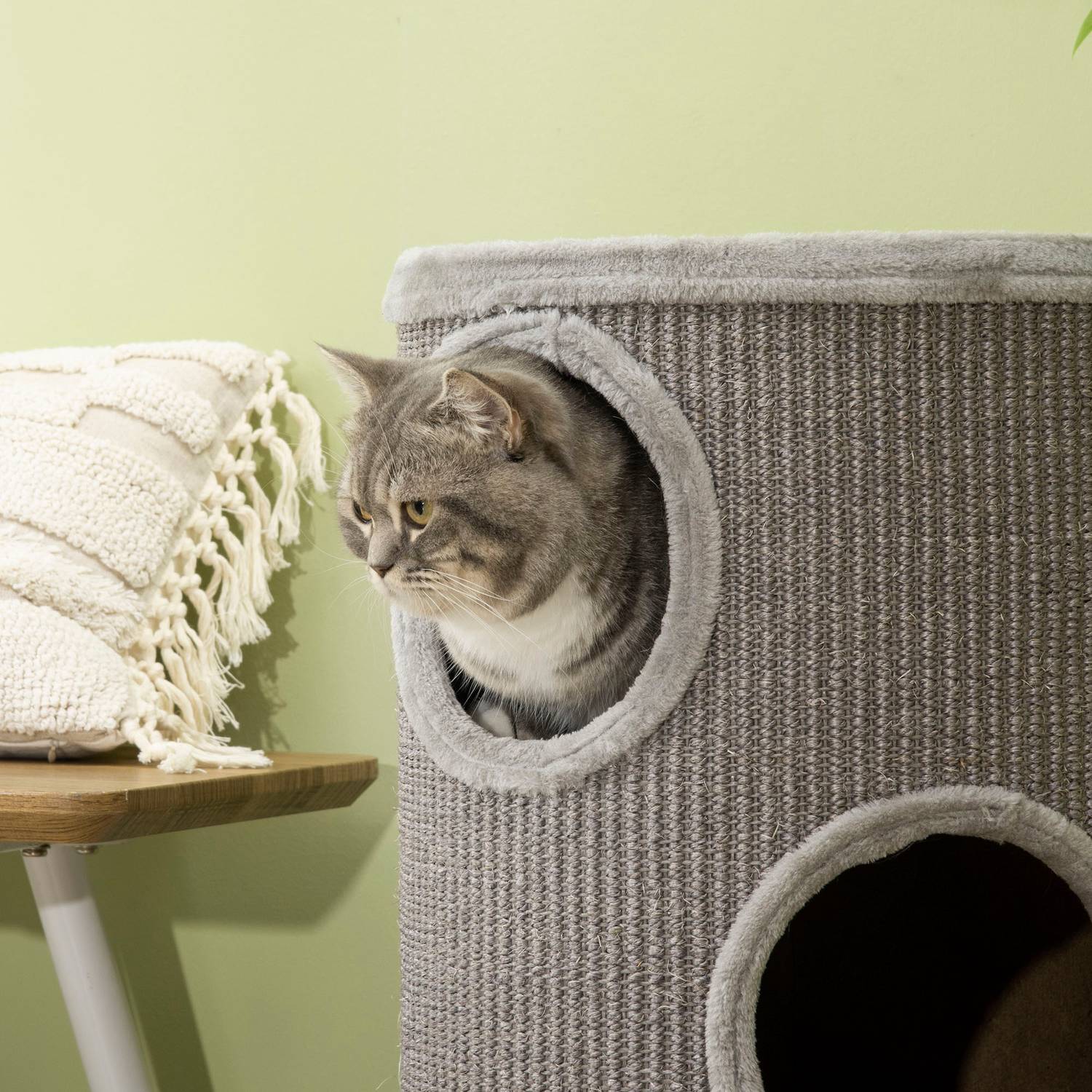 Cat Scratching Barrel med sisal & plysch, 3 grottor, ljusgrå