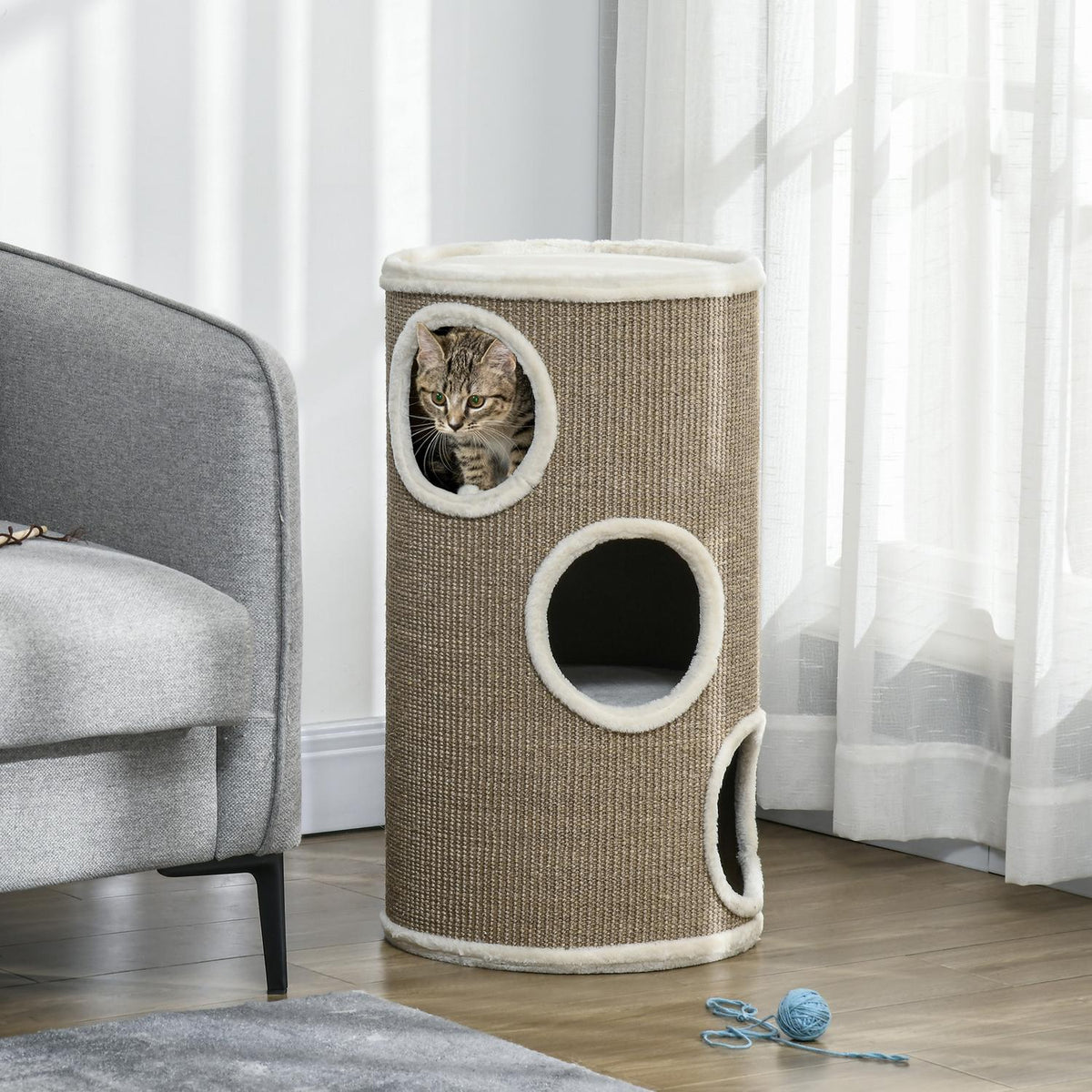 Cat Scratching Tower, 3 Ebenen, Sisal und Plüsch, 70 cm